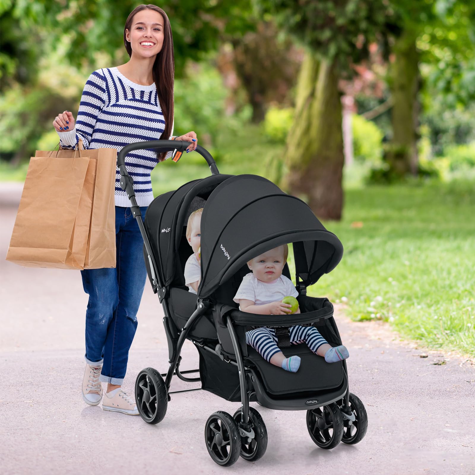 COSTWAY Passeggino Doppio Pieghevole per Bambini, Passeggino Gemellare Pieghevole, con Seduta in Tandem e Tettuccio, Schienale Regolabile, Ruote Bloccabili e Antiurto, Portata Totale 30 kg (Nero)