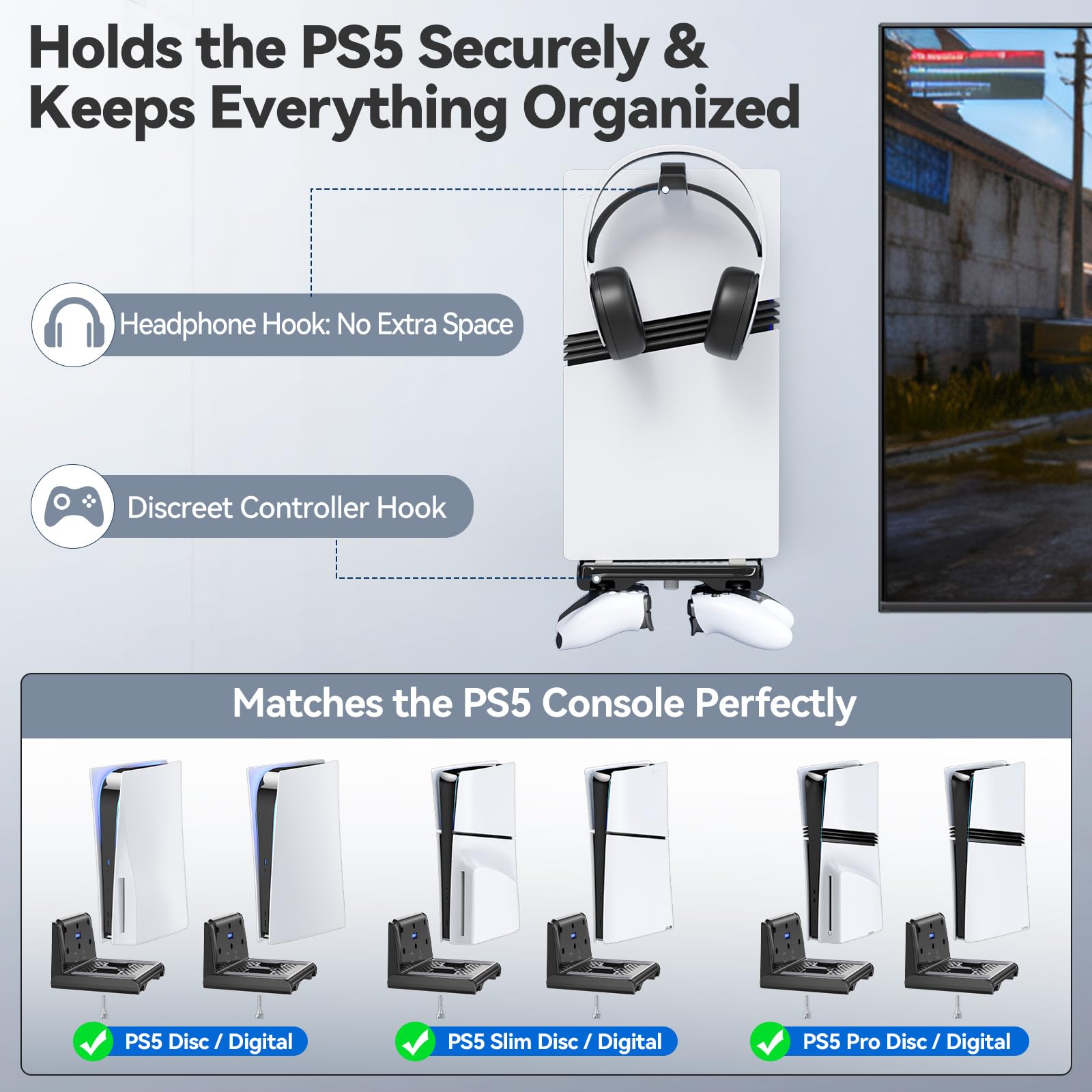 Supporto Parete PS5 per PS5/Slim/Pro Disc & Digital, Supporto Verticale PS5 Può Ospitare due Controller P5, Supporto Playstation 5 da Muro e Kit di Accessori, Base PS5 con Gancio per Cuffie (Nero)