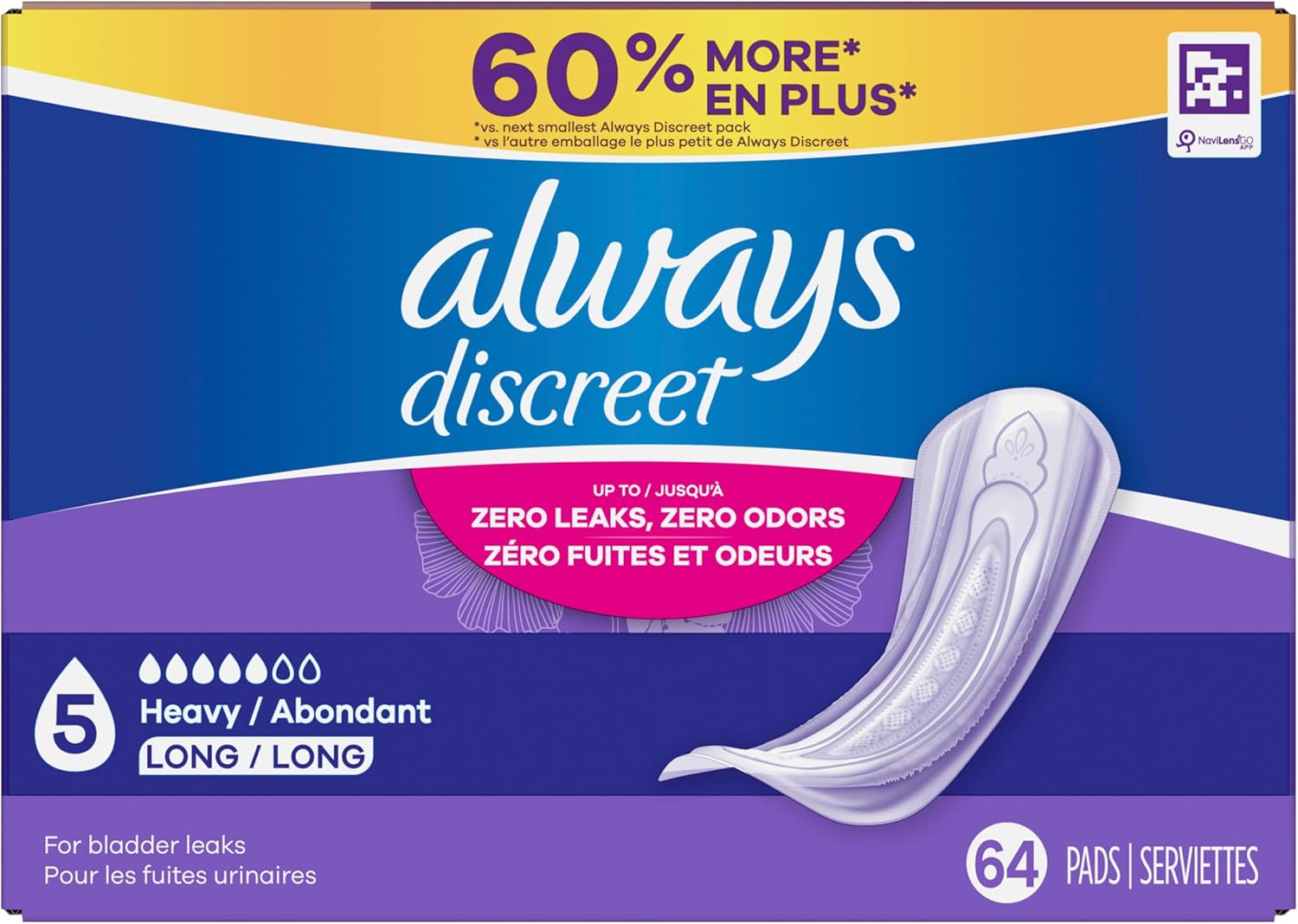 Always, 64 Pads 5 Heavy Long, 64 Count