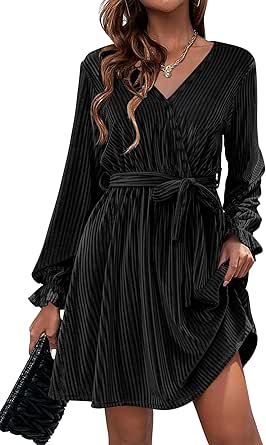 HOTOUCH Women's Velvet Dress Wrap V Neck Flared Dress Long Lantern Sleeve Dresses with Belt Cocktail Party Dress