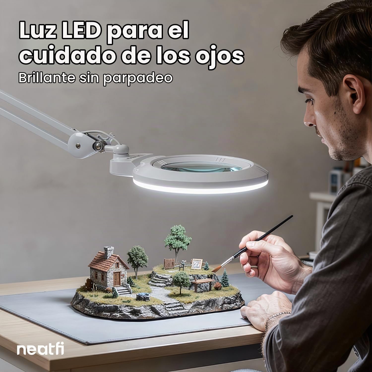 Neatfi XL Lámpara Lupa LED Bifocal con Abrazadera, Lente Acrílica de 18 cm, Doble Aumento 2,25X/6X, 1.600 Lúmenes Regulables | 3 Modos de Luz, Brazo Ajustable | Lectura, Manualidades (Lente de 18 cm)