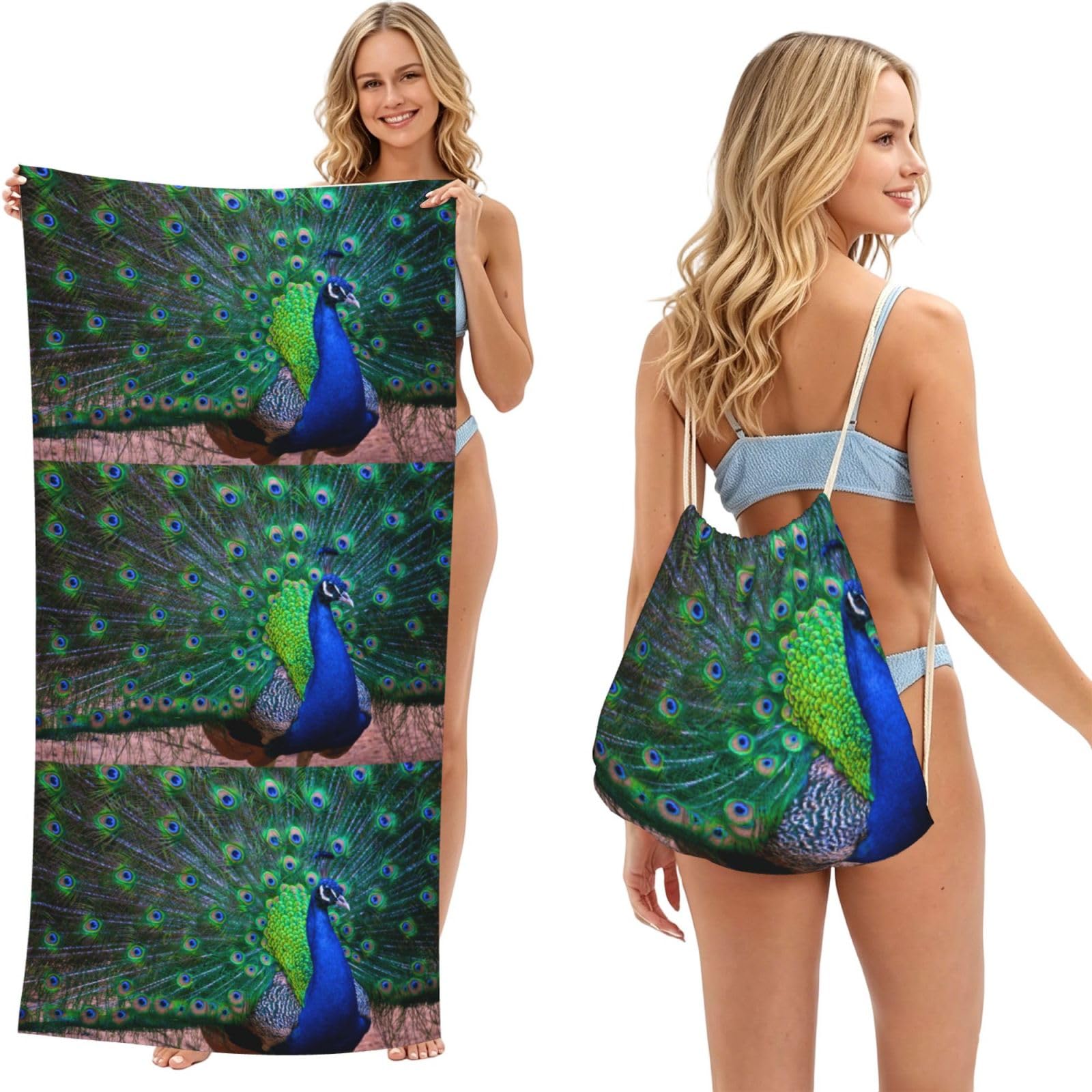 Poadnly As Picture Beautiful Peacock, 2 In 1 Packable Towel Bag, Beach Towels With Drawstring Backpack For Travel Holiday Camping