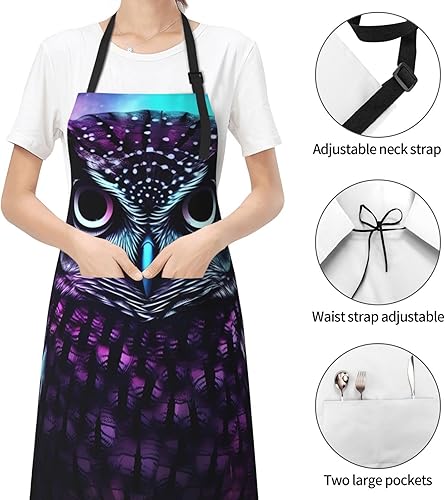 Miniatura 6 de Delantal ajustable con 2 bolsillos, delantales de búho morado, delantal impermeable para lavavajillas, para mujeres y hombres, delantales de cocina
