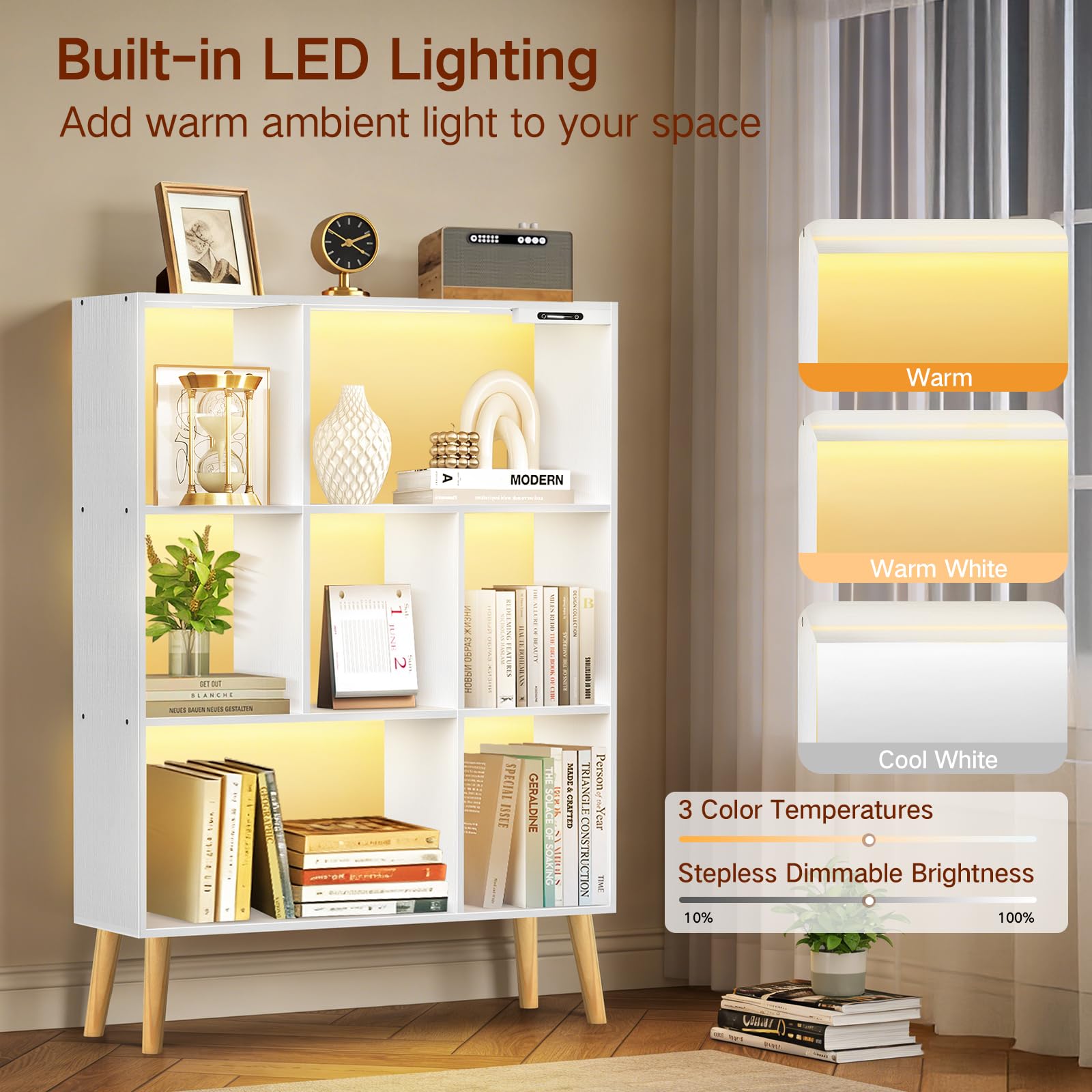 Estantería de 7 Cubos con Luces LED, Control Táctil y Remoto, Librería Moderna Independiente Regulable, Organizador de Madera para Salón, Dormitorio u Oficina