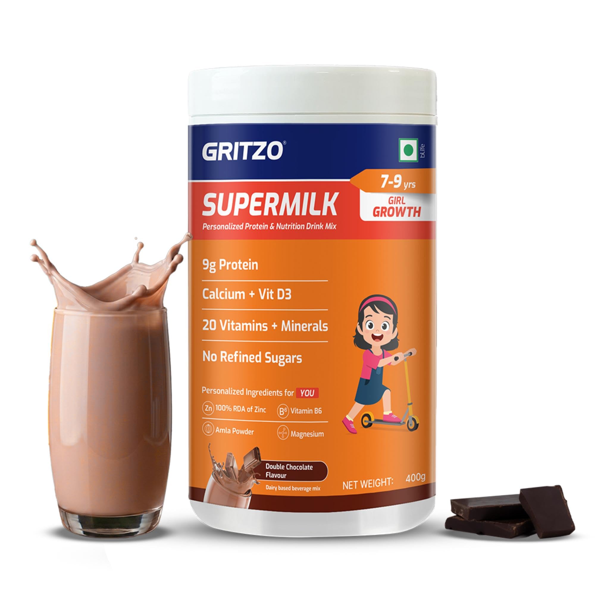 Gritzo SuperMilk Overall Growth (7-9y Girls), 9g Protein Powder (Double Chocolate, 400g) | Zero Refined Sugar, 20 Vitamins & Minerals-image-46