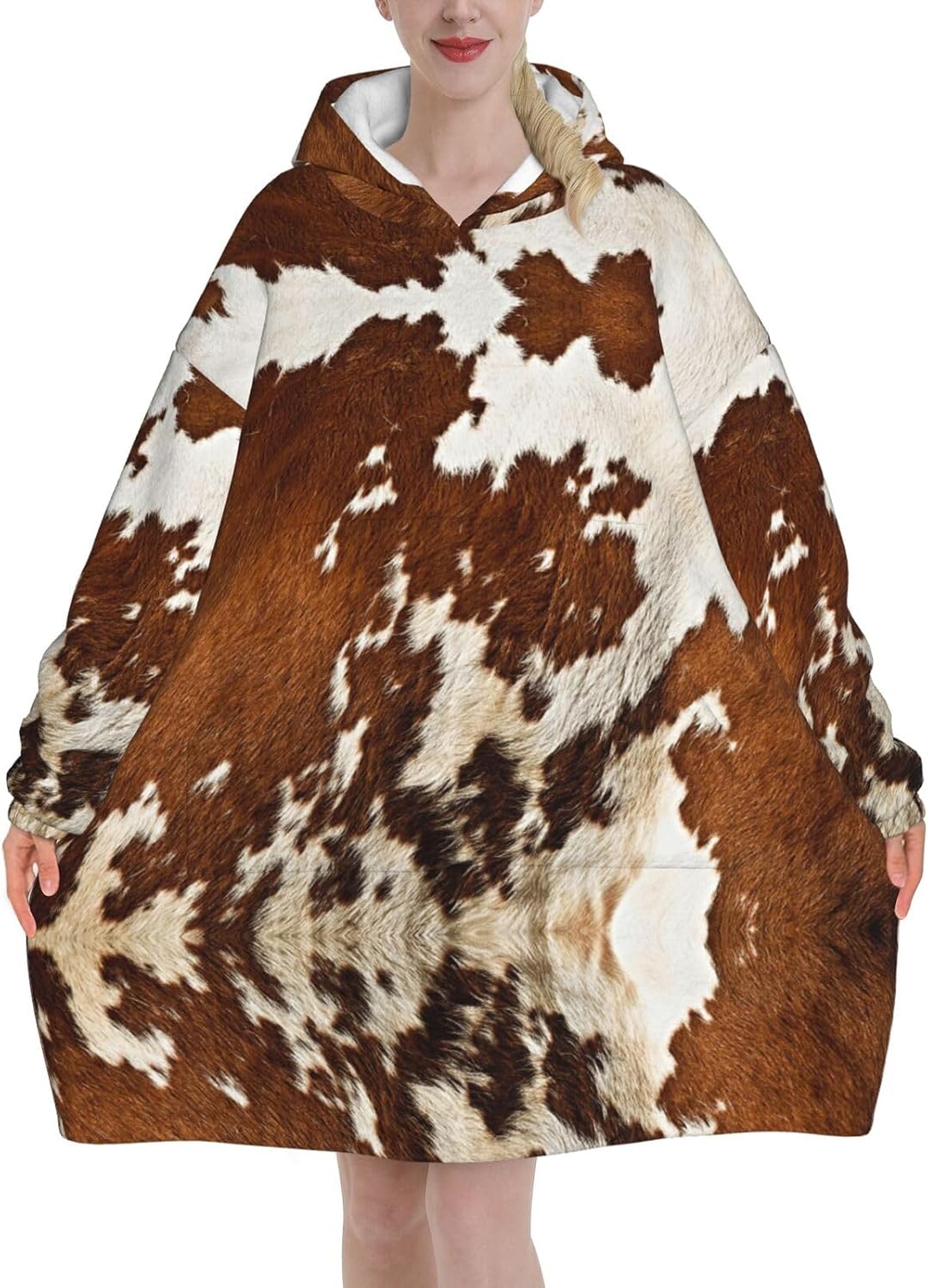 MUSM Red And White Cowhide Print Blanket Hoodie Fleece Sweatshirt Blanket With Sleeves And Pockets