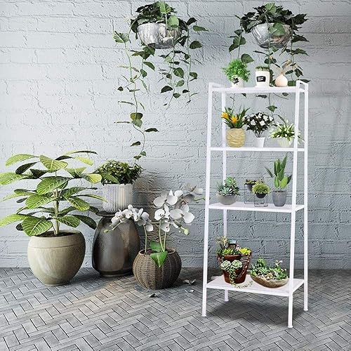 Miniatura 2 de Estantería de escalera, estantería industrial de 4 niveles con marco de metal, estantería multifuncional con escalera para plantas, estantes con