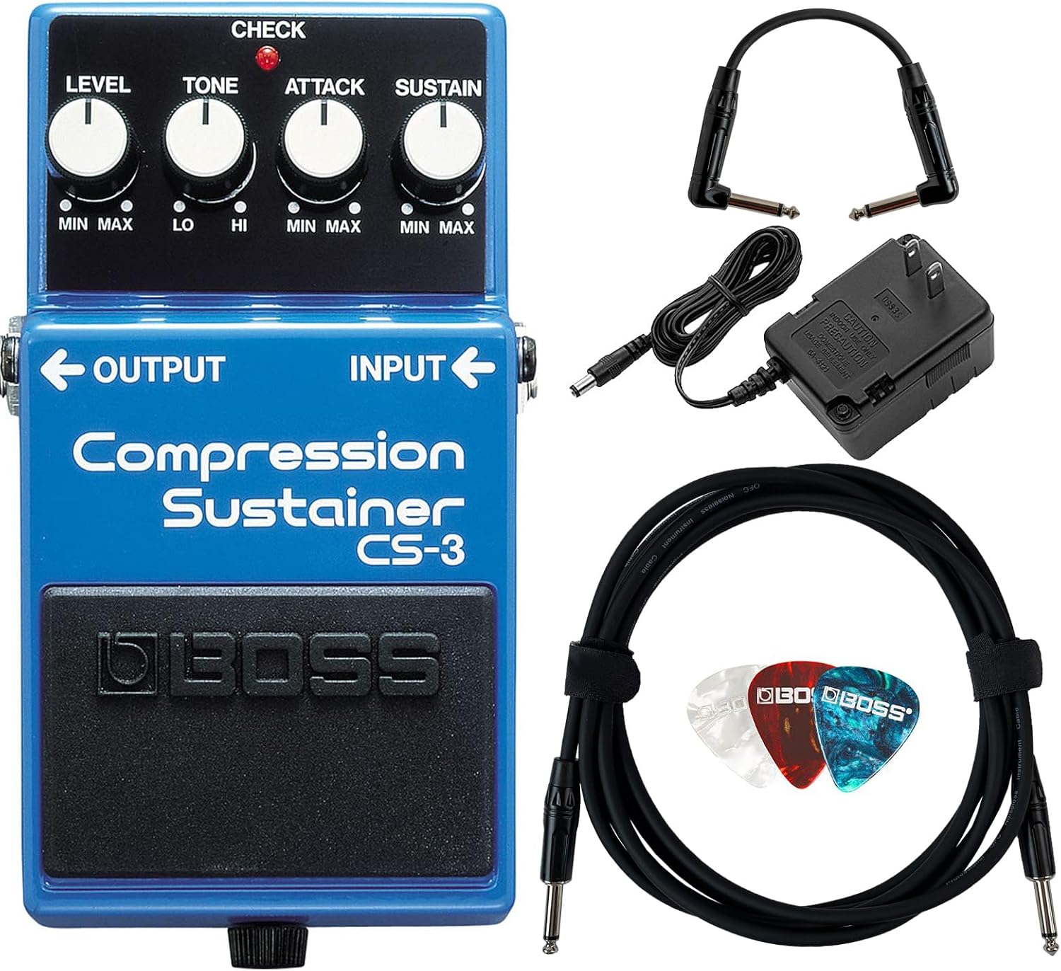 Boss CS-3 Compressor/Sustainer Bundle with Gearlux Power Supply, Instrument Cable, Patch Cable, and Picks