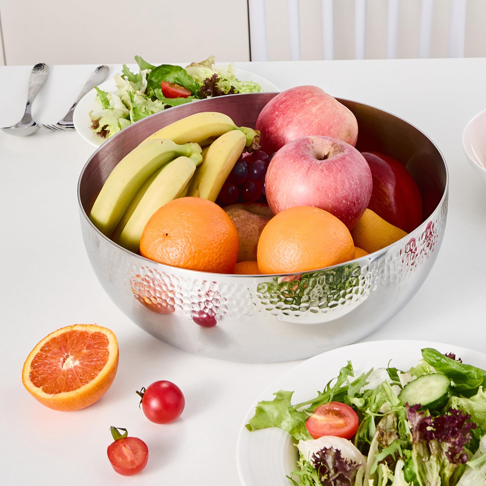 Brightalk Ensaladera martillada de acero inoxidable de 4,252.4 g, cuenco grande para servir palomitas de maíz de frutas