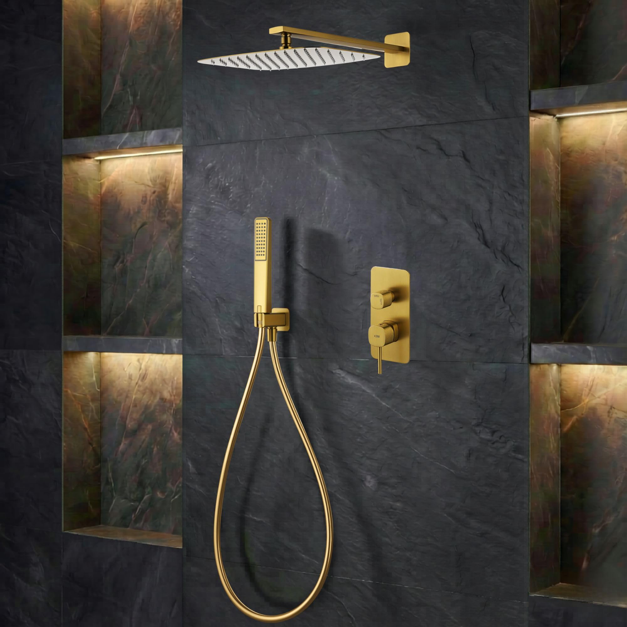 IMEX - Miscelatore Monocomando a Incasso Color Oro | Set di Rubinetteria a Incasso con Soffione e Getto a Pioggia Anticalcare | Colonna Doccia a Incasso con Rubinetto in Ottone e Acciaio Inox S.304