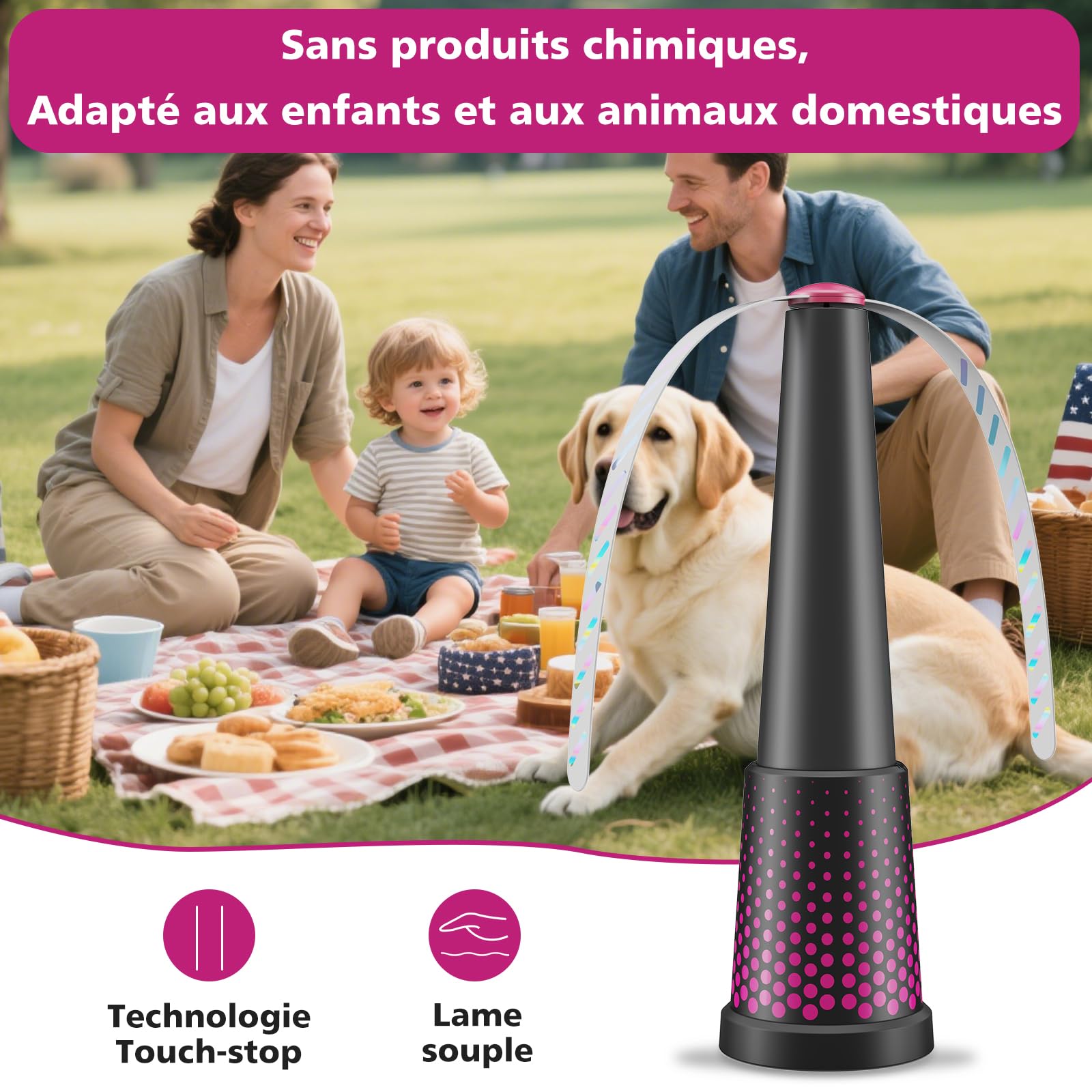 Ventilateur Mouche Table,Pliable et Extensible,Sans Produit Chimique, Alimenté par Piles pour Intérieur et Extérieur Terrasse, Restaurant, Pique-Nique, Barbecue-4 Pièces Violet