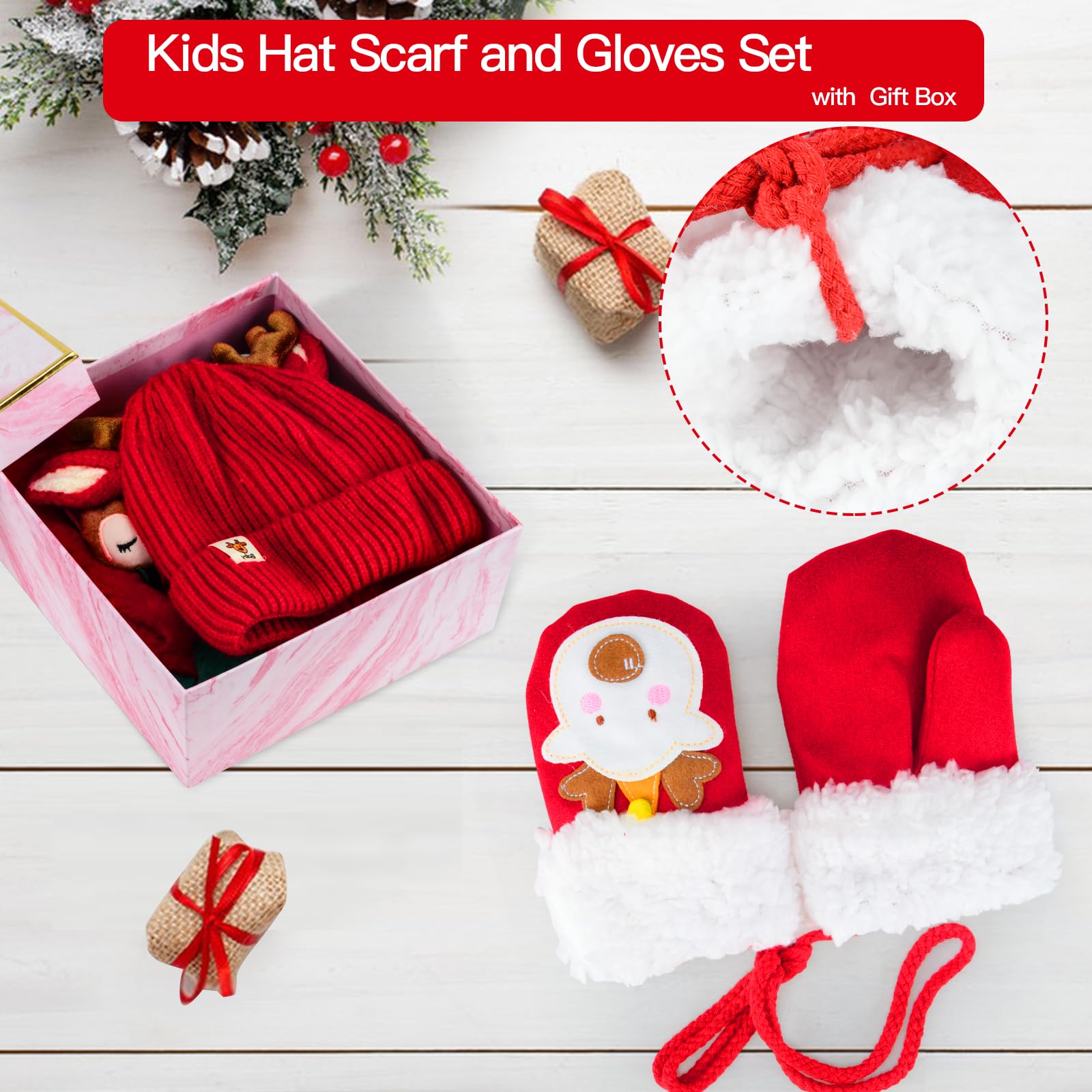 3 in 1 Conjunto de Gorro Bufanda y Guantes Niños, Invierno Lindo Guantes Cálido Bufanda Punto Beanie Gorros Accesorios de Invierno con Caja de Regalo Para Niños de 1 a 6 Años