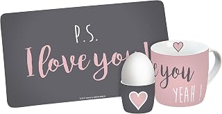 infinite by GEDA LABELS 12449 3 Piezas I Love You Juego de Desayuno, melamina, Color Rosa/Gris, 23,5 x 9,5 x 14,5 cm