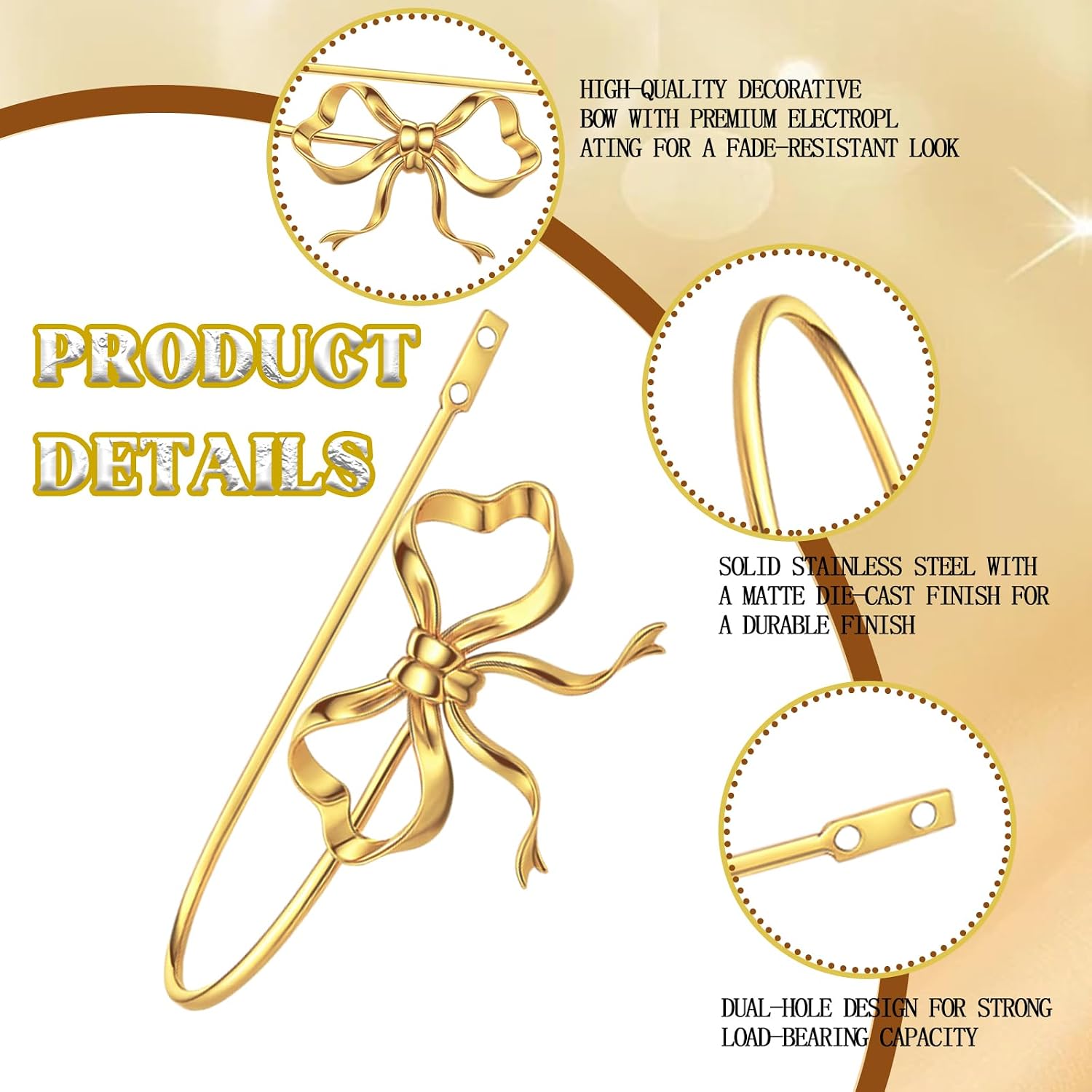 2 Pack Gold Metal Bow Curtain Holdbacks Wall Mounted Curtain Hold Backs Curtains Modern Tiebacks Decorative Window Drapery Tiebacks with Bow Finials for Living Room Bedroom Office Home