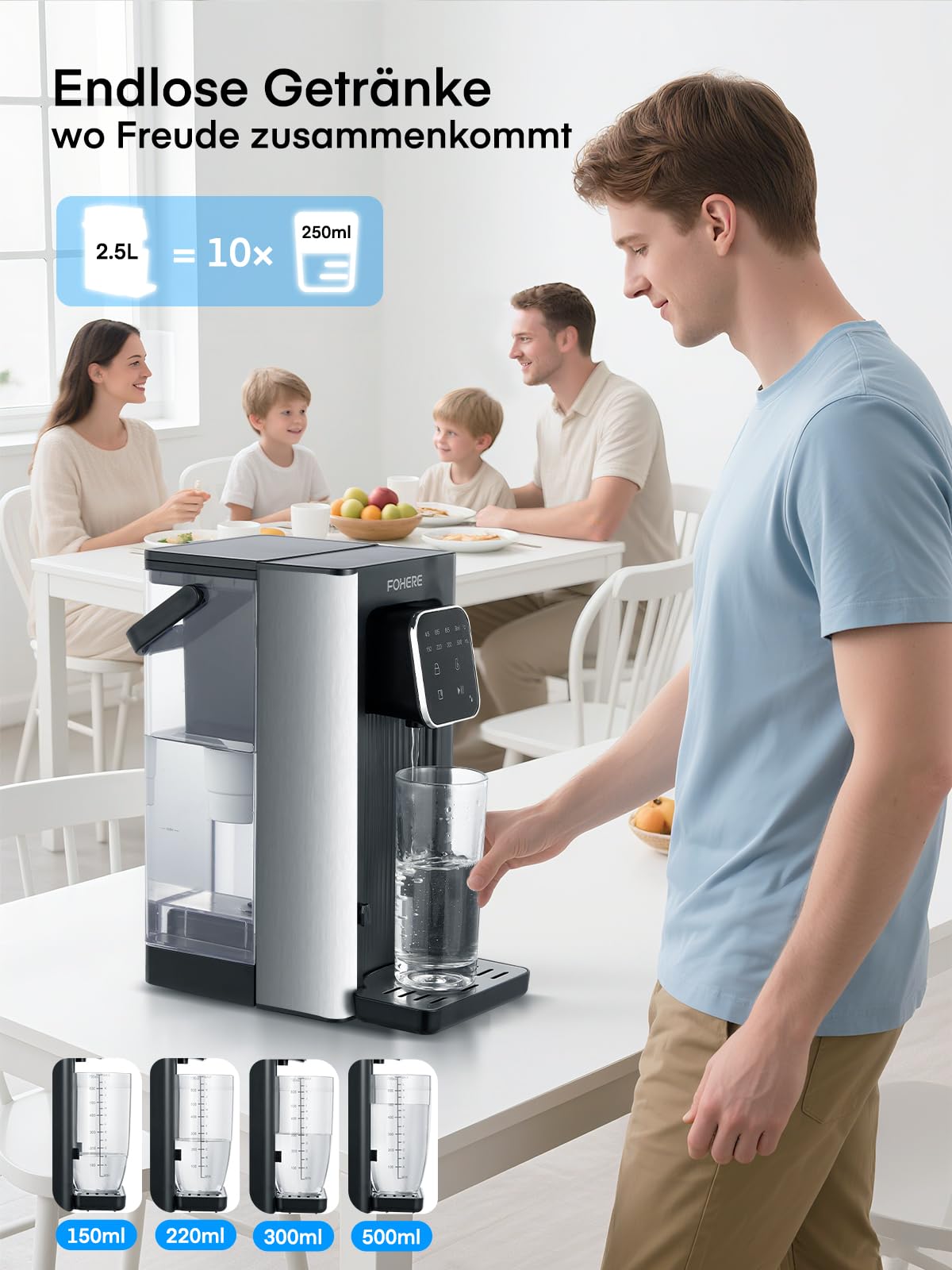 Heißwasserspender, 2600W Heißes Wasser in Sekunden, 4 Temperaturstufen, 4 Wassermengen, 2.5L Tank, Kompakt & Energieeffizient, Digitaler Touchscreen, Hitzeschutz-Kindersicherung, für Küche, Büro