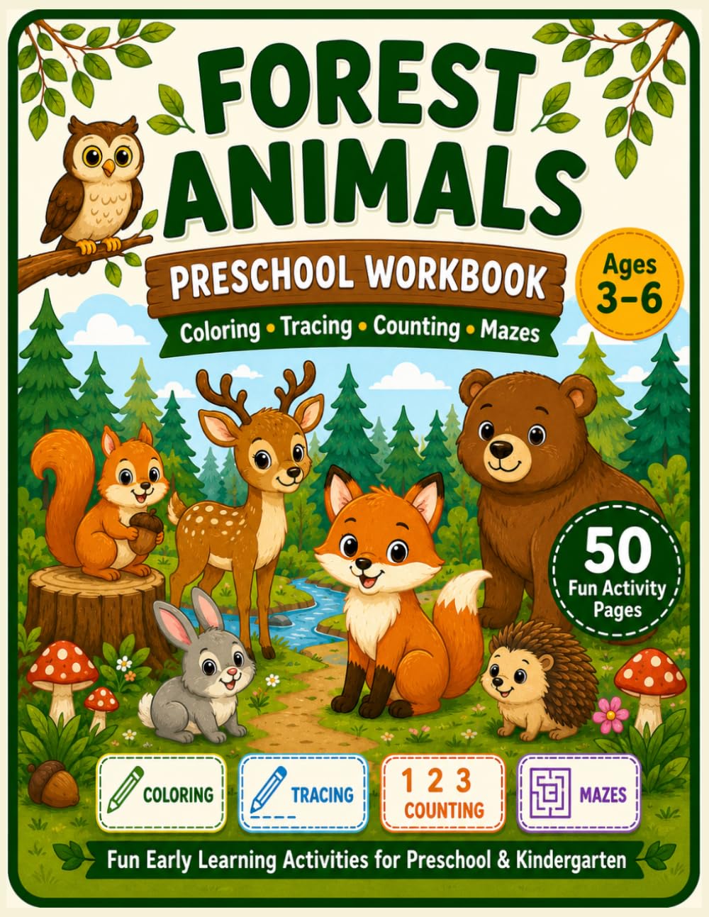 Forest Animals Preschool Workbook: A Fun Forest-Themed Activity Book for Kids Ages 3–6: Coloring, Tracing, Counting, Patterns, Mazes, Vocabulary, and Early Learning Practice