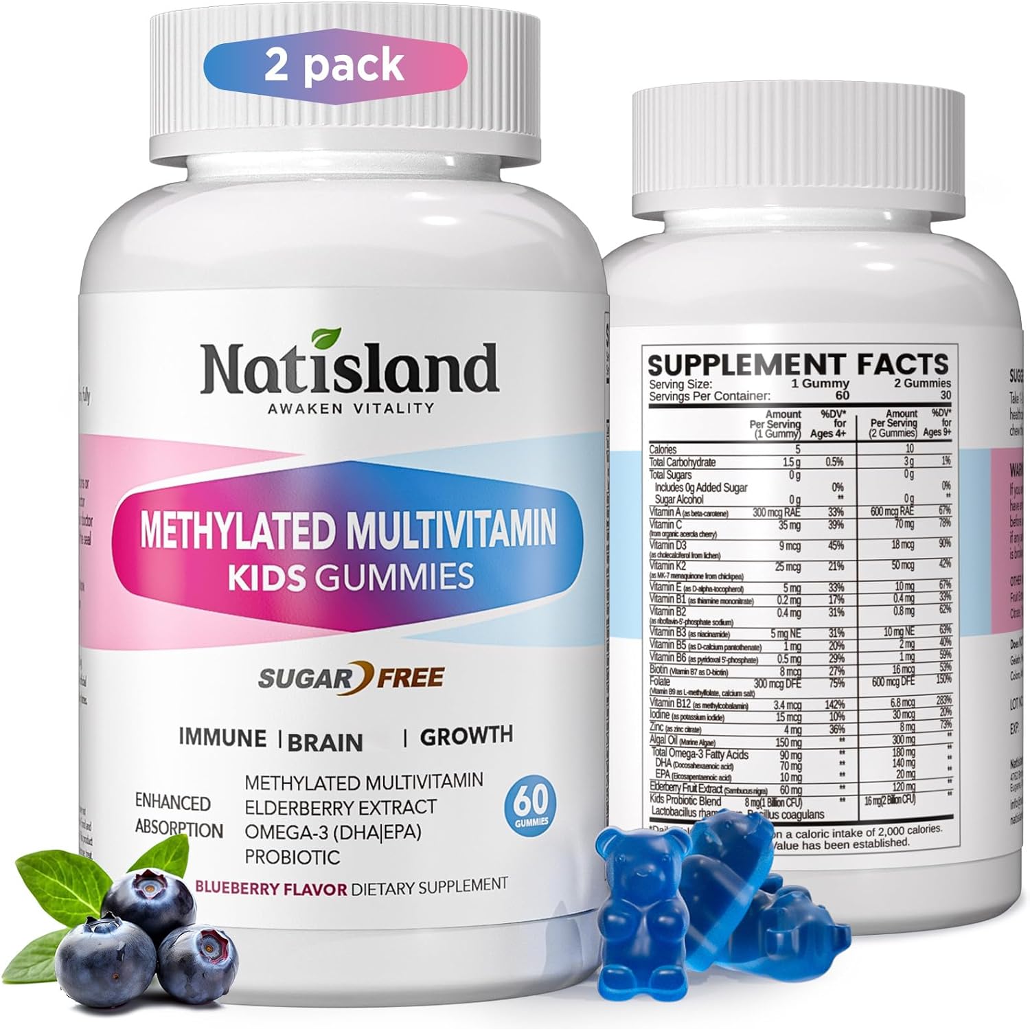 Kids Methylated Multivitamin – Chewable Multivitamin for Kids & Teens 4+, With L Methylfolate, Vegan Omega-3, Zinc, Probiotics & Elderberry, Immune Support, Brain Health, MTHFR Supplement, 2PC