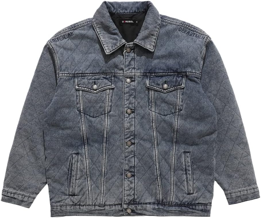 AAPAH Washed Distressed Denim Mens Pocket Loose Jacket Winter Long Sleeve Lapel Single Breasted Outerwear Men