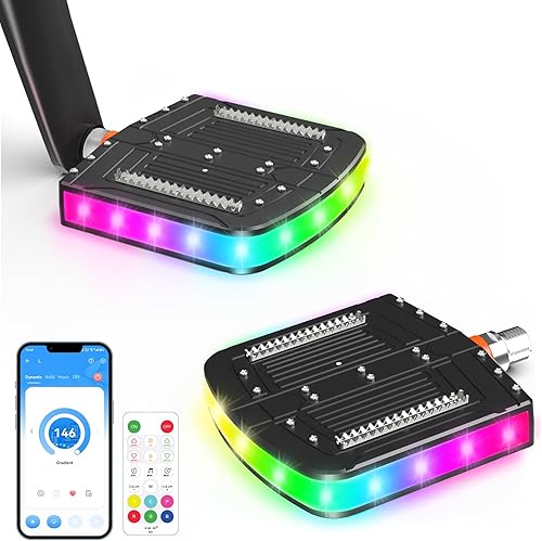 FTZWS Dream Color LED Light Pedal de bicicleta, pedales de bicicleta de nailon con, 146 modos de persecución, recargable, impermeable, con husillo