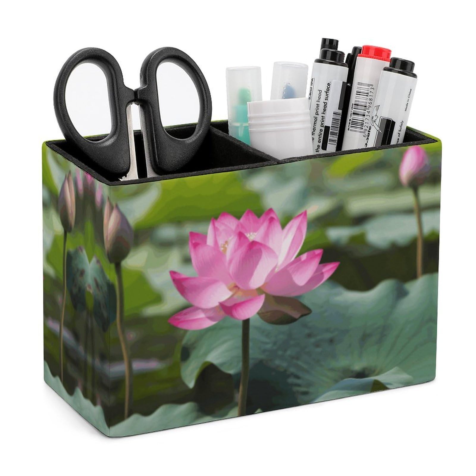 LZQPOEAS Exquisite Patterns PU Leather Pen Holder, Multifunctional Desktop Organizer Caddy with 2 Compartments, Pink Lotu Flowers Pencil Cup Makeup Brush Holder for Office Home