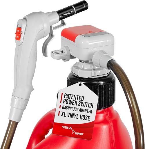 TERA PUMP TRFA03-XL Universal Gas Can Adapter Cap Battery Powered Pump | 2.3 GPM, No Spill Sensor, 4.27 ft Vinyl Hose, Utility Jug Adapter & Power Nozzle, 4x AA Power