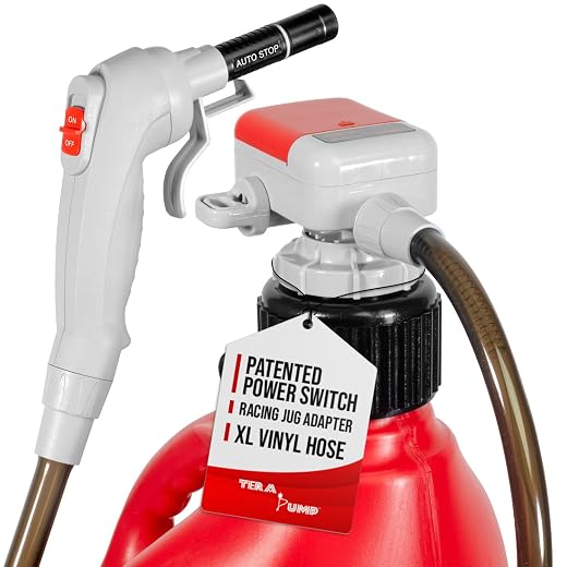 TERA PUMP TRFA03-XL Universal Gas Can Adapter Cap Battery Powered Fuel Transfer Pump (2.3 GPM) No Spill Sensor, 4.27 ft Vinyl Hose, Utility Jug Adapter, Power Nozzle, 4x AA Power