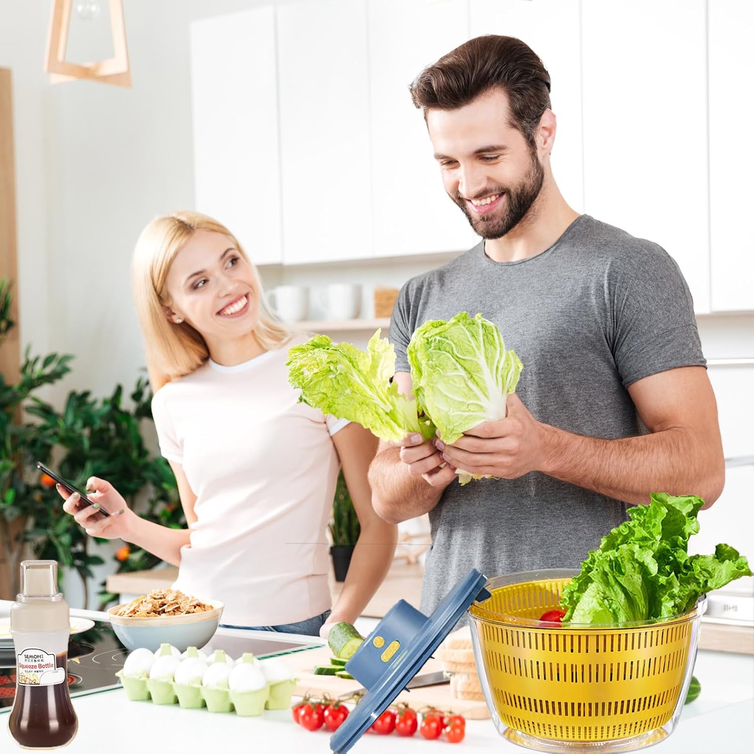 Large Salad Spinner,3-in-1 Vegetable Wash Bowl, Salad Bowl & Lettuce Spinner, Fruit Cleaner,4.22Qt Lettuce & Fruit Washer, Quick Drainage Electric Mixer