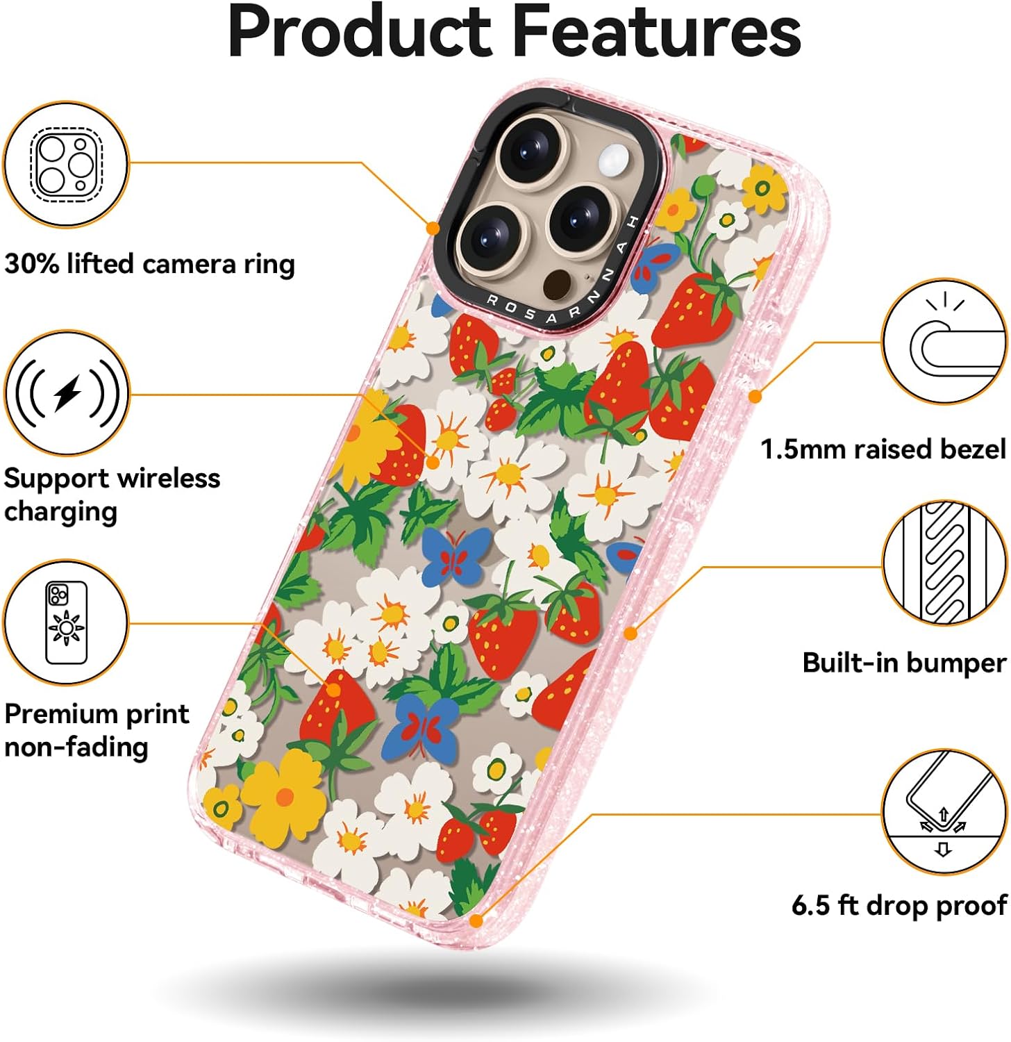 Rosarnnah for iPhone 16 Pro MaxCase Cute - Durable Shockproof 6.6 ft Drop Impact Phone Case - Funny Strawberry Fields Design (6.9") Glitter Pink