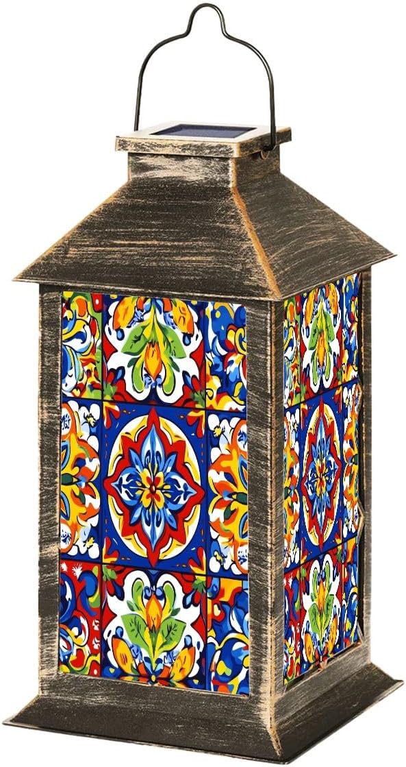 Solar Lantern Mexican Talavera Ceramic Tile Seamless Outdoor Garden Hanging Lantern Waterproof Solar Powered Lighting Outside Table Lamp for Deck Yard Camping Patio Decor