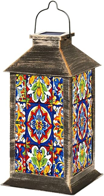 Solar Lantern Mexican Talavera Ceramic Tile Seamless Outdoor Garden Hanging Lantern Waterproof Solar Powered Lighting Outside Table Lamp for Deck Yard Camping Patio Decor