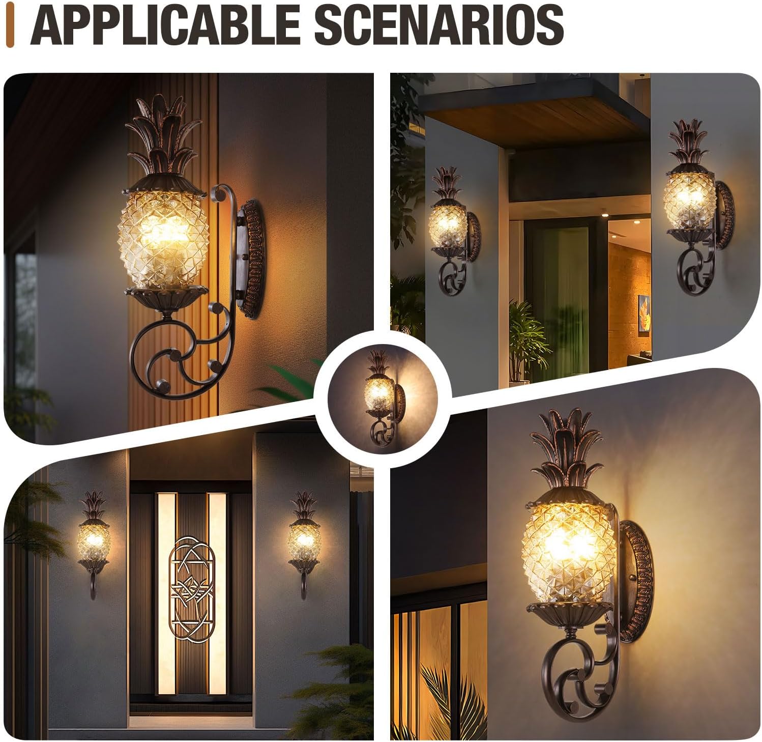 Pineapple Outdoor Wall Sconce, 3-Light E12 Candelabra Base, Waterproof Aluminum Porch Light with Clear Diamond Glass, Tropical Coastal Wall Lamp for Entryway, Patio, Front Door