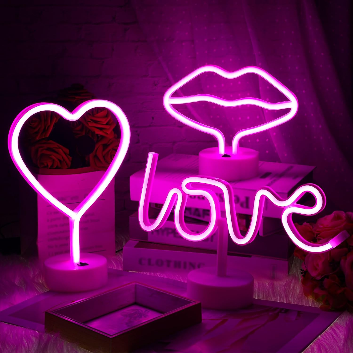 Liliful 3 Pcs Pink Neon Sign Decorations Heart Neon Sign Battery Operated or USB Powered LED Love Lip Lights for Mothers Day Proposal Decor Anniversary Wedding Room Table Wall Decorations