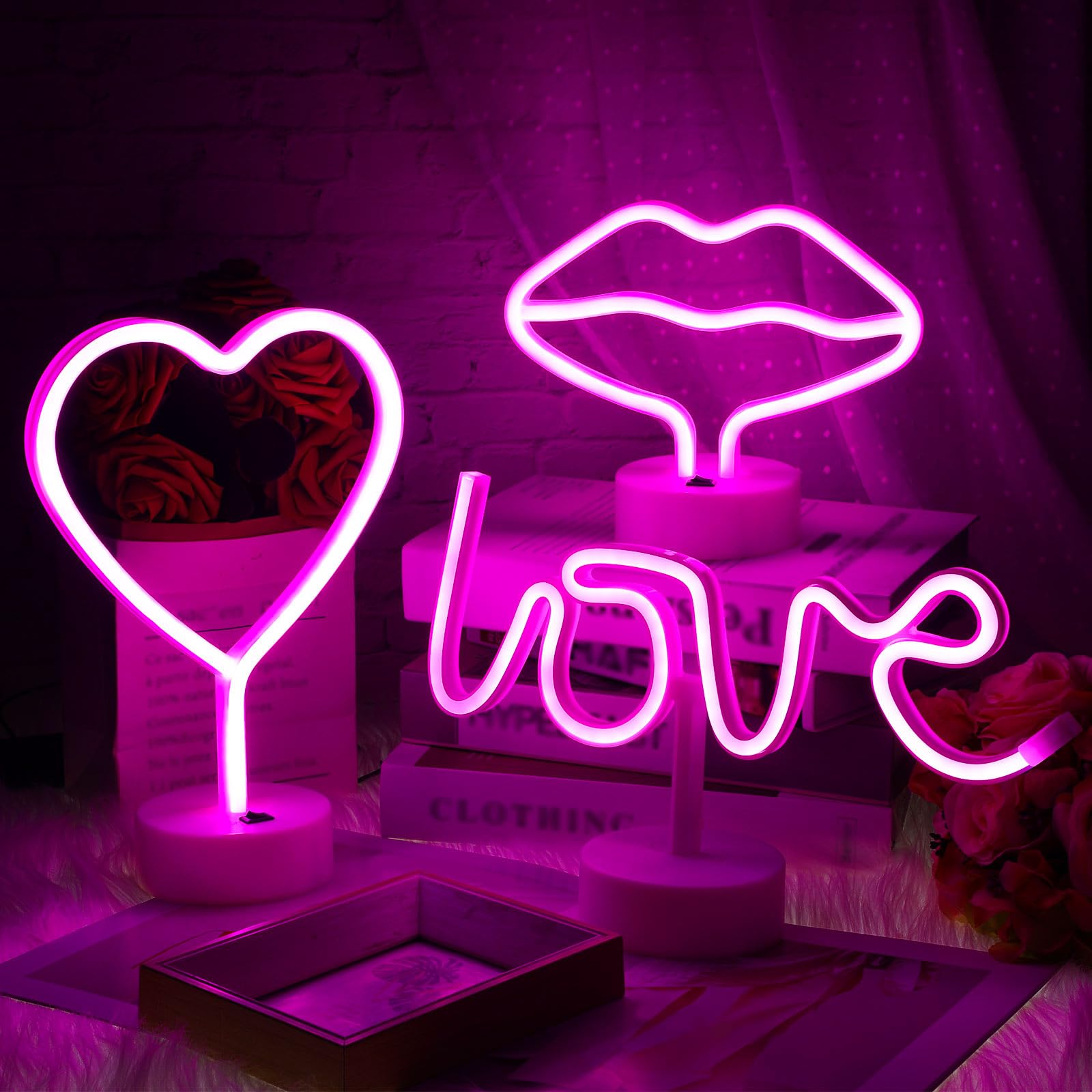 Lampe néon flamant rose USB avec piédestal stable Lot de 3 veilleuses LED rose bonbon