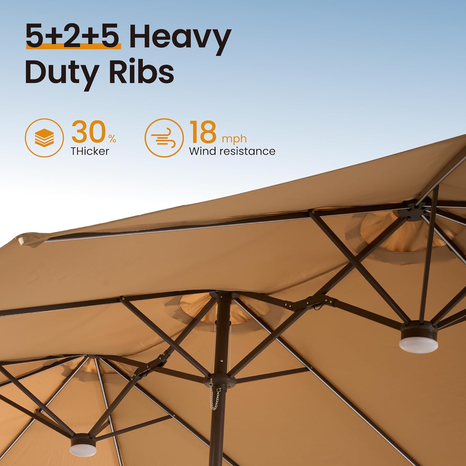 ovios 15ft Large Patio Umbrella with Base & Solar Lights, Double-Sided Outdoor Rectangle Umbrellas with 38 RGB Lights, Umbrella for Outside with Stand,Tan