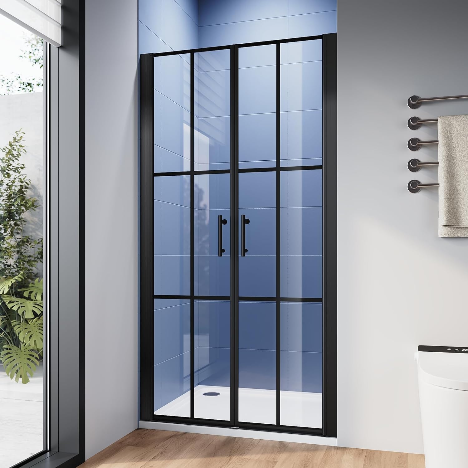SUNNY SHOWER Pivot Shower Door 40" W x 75" H, Double Swing Door with Screen Printing, Frameless Pivot Swing Glass Door, 1/4"(6mm) Tempered Glass, Adjustable, Black Finish