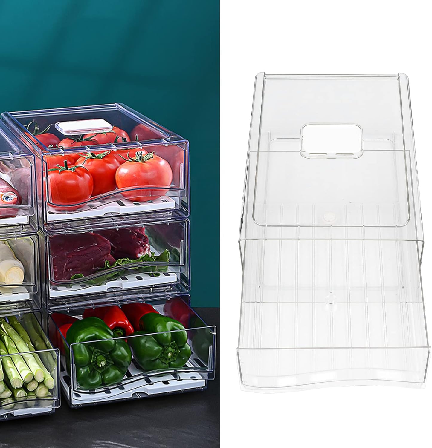 Zerodis Transparent Storage Fridge Containers, Stackable Fridge Drawer Organizer Set with Handle, Drawable Clear Storage Cases for Freezer, Cabinet, Kitchen, Pantry Organization(L)