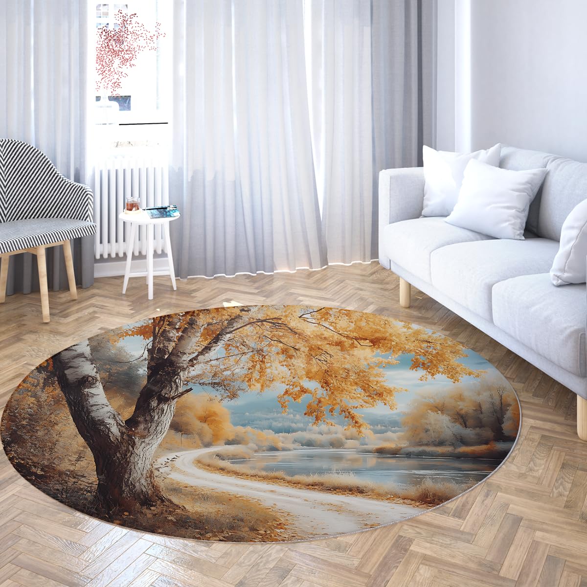 Maschinenwaschbar 120cm Rundteppich Naturlandschaft Herbstwald rutschfest Naturlandschaftsdruck Flachflor für Wohnzimmer Schlafzimmer Esszimmer Küche Innen