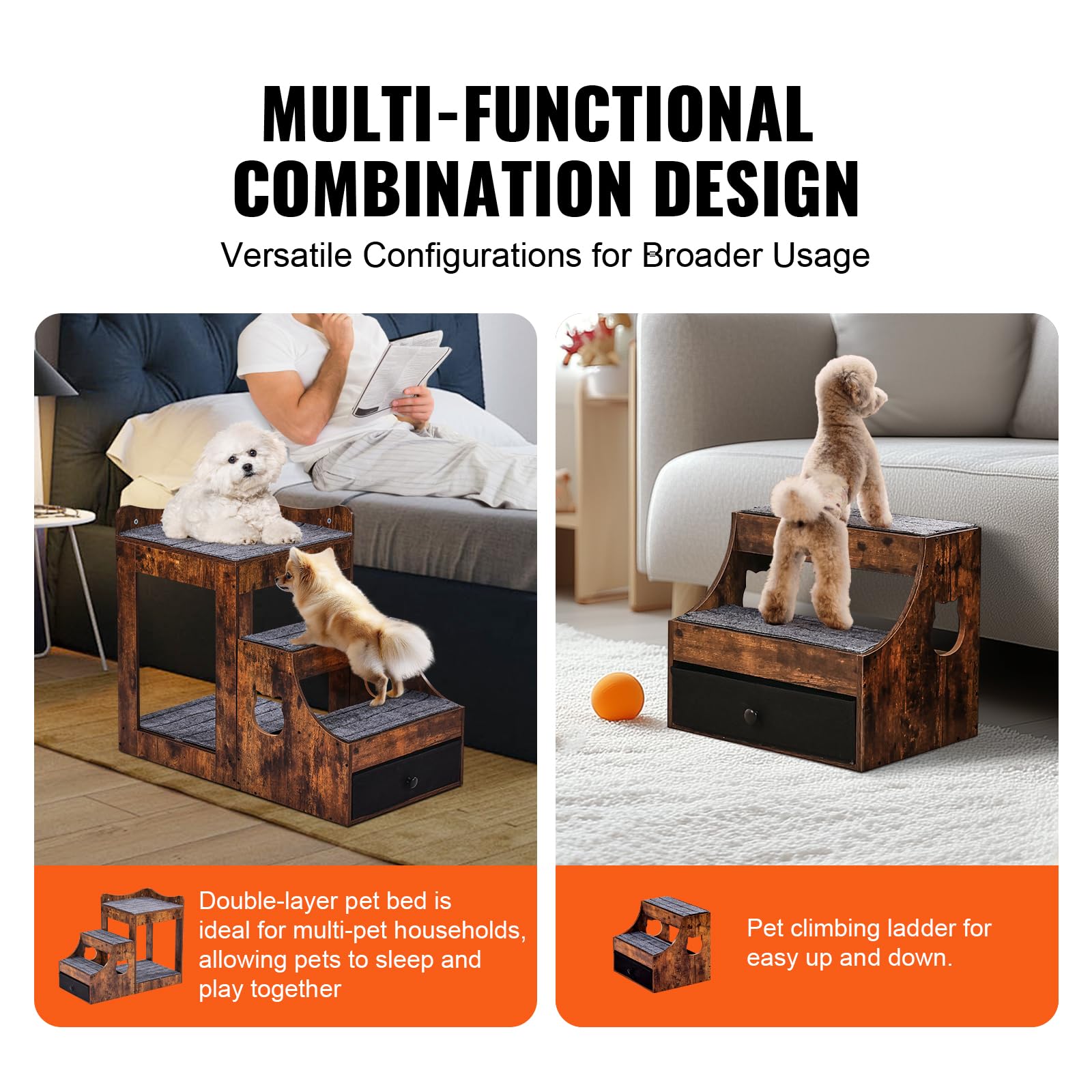 VEVOR Lit Superposé pour Animaux de Compagnie Chien Chat avec Escaliers Amovibles et Tiroir de Rangement, Marron