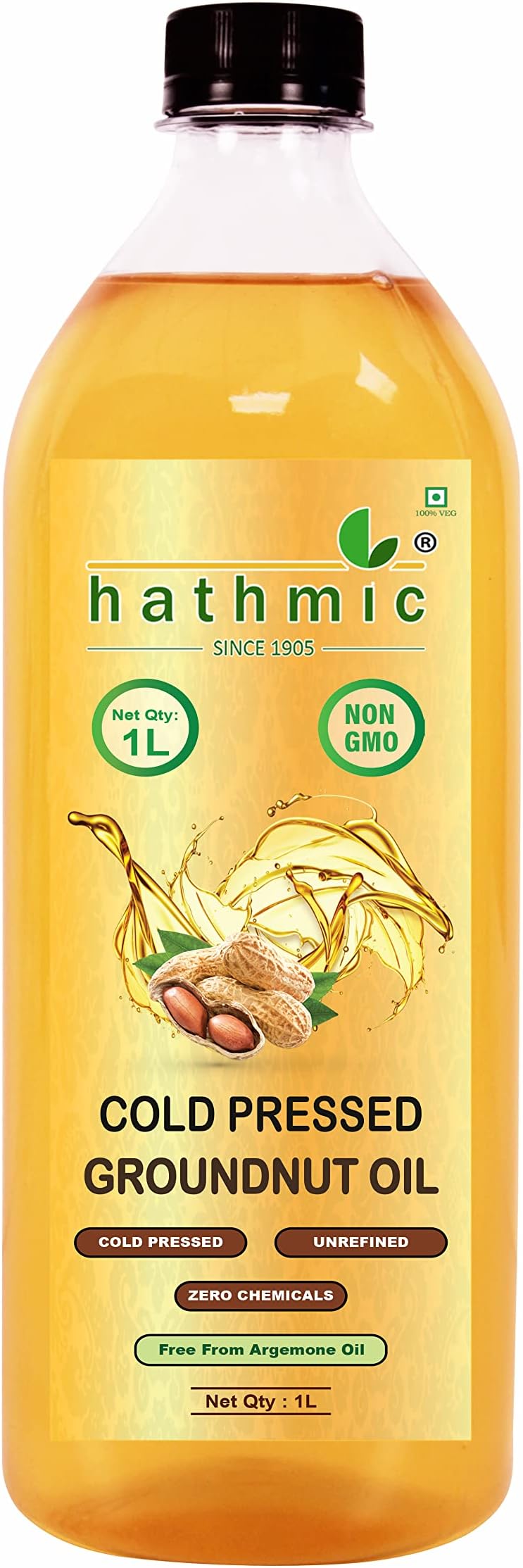 Hathmic Cold Pressed Groundnut Oil, 1L HDPE (Un Refined and Un Filtered Pure Oil)