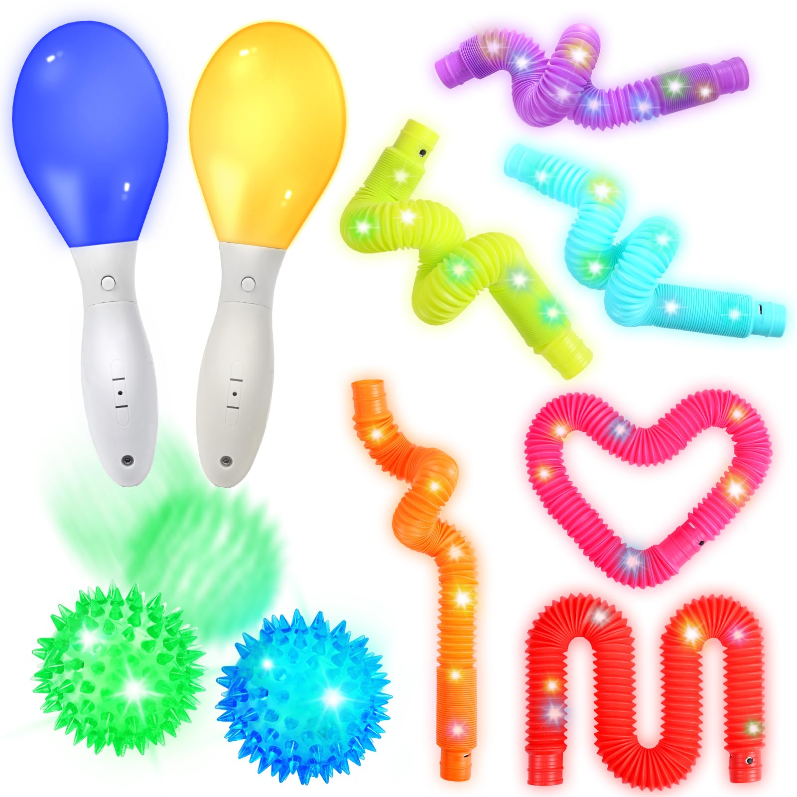 HOTUT 10 Pcs Light Up Sensory Toys, LED Light Up Maracas, Sensory Tubes & Balls, Baby Sensory Toys for Autism, Party Favors Stress Relief Toys, Light Up Toys for 4 5 6 7 8 Year Old Kids