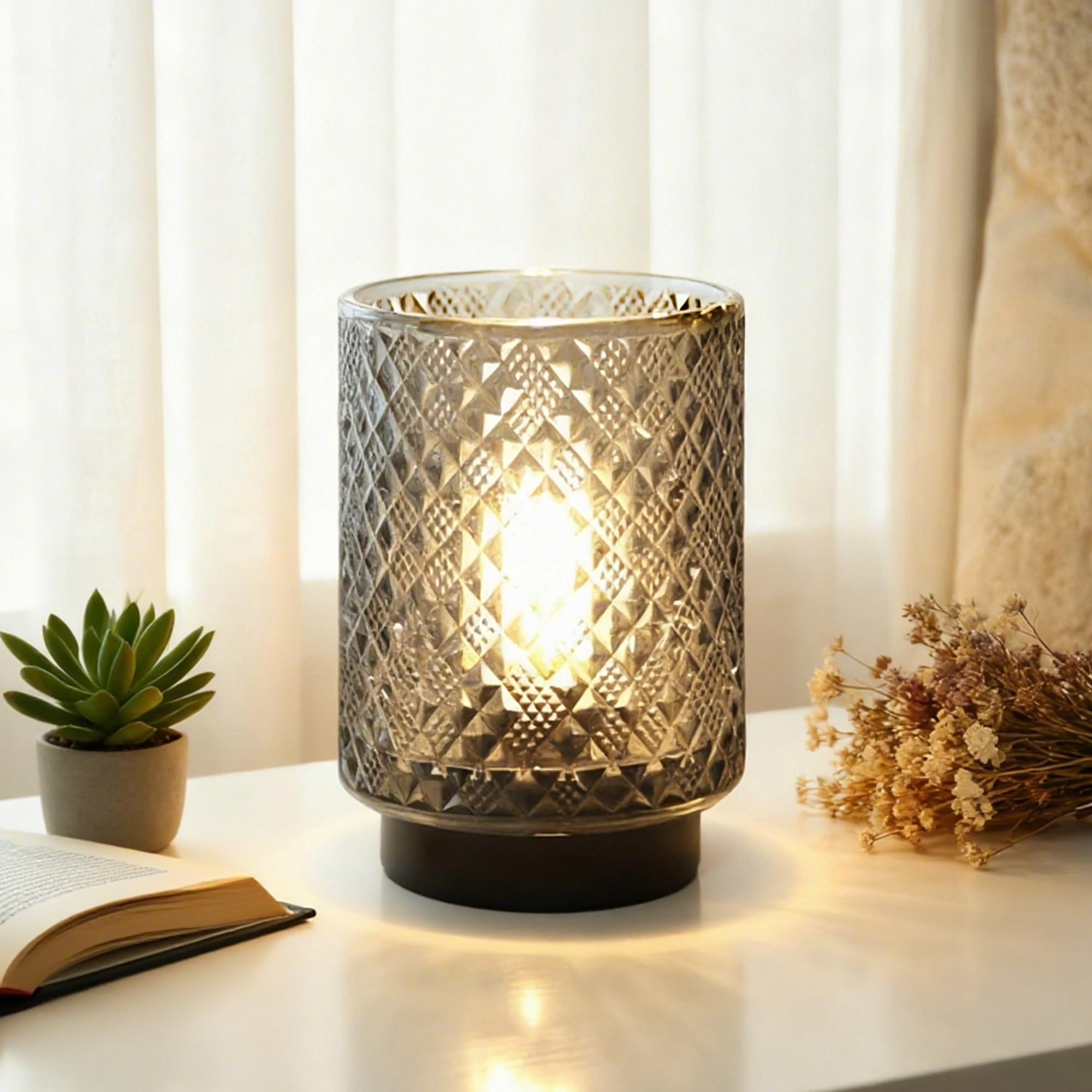 LUSHARBOR Battery Operated Lamp with Timer, Small Decorative Table Lamp Ambient, Glass Cordless Lamps Bedside Battery Powered Lamp for Bookshelf, Entryway Diamond Design-Grey