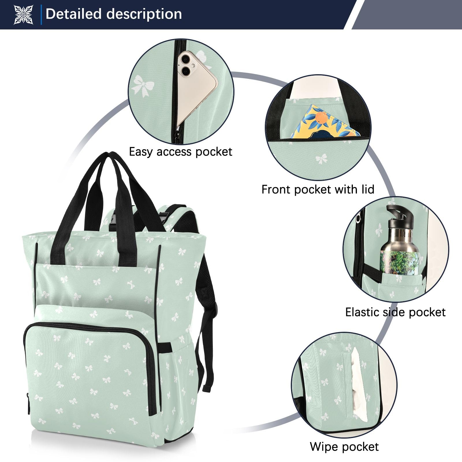 Mnsruu Borsa per pannolini per bambini con fiocco bianco zaino grande borsa impermeabile da viaggio borse per pannolini per mamme e papà