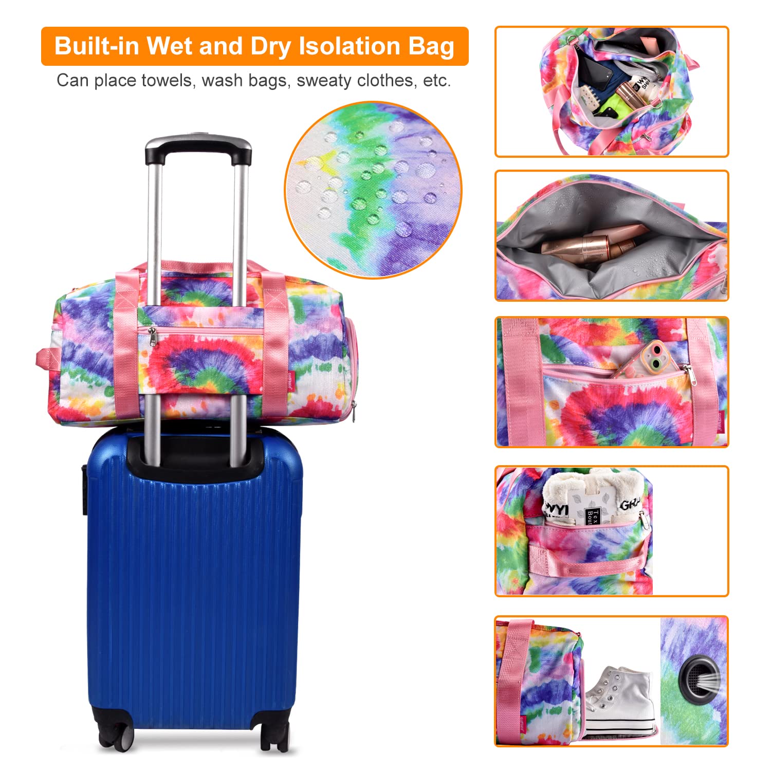 Bolsa de Deporte GUDFBALE Teñido Anudado de Colores - Gym Bag Womens-Impermeable Bolsas de Gimnasia con Compartimento Zapatos y Compartimento Mojado