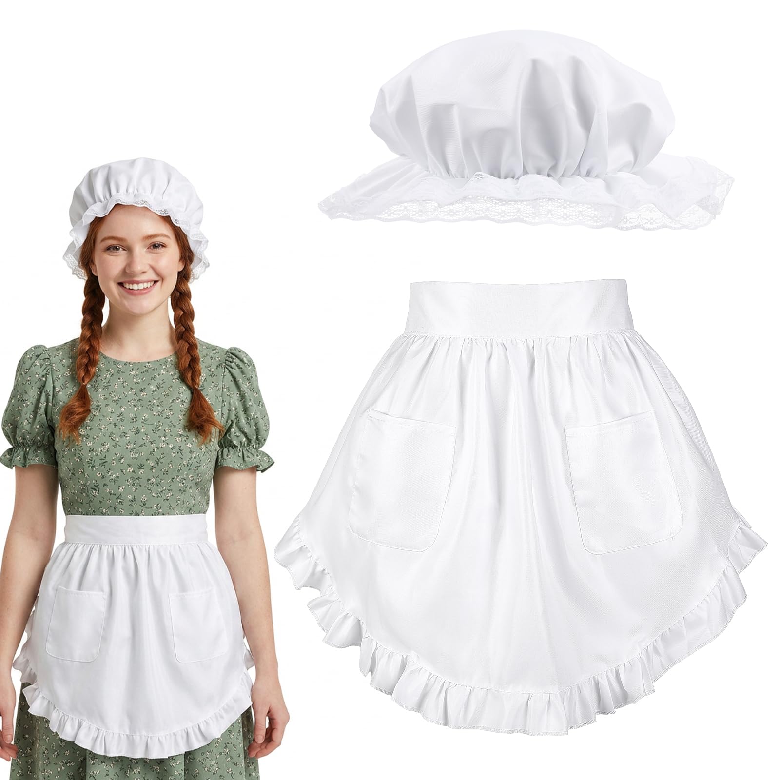 Tucnoeu Women Colonial Costume Set Include White Mob Cap Half Apron, Pilgrim Costume Accessories for Maid Girl Cosplay