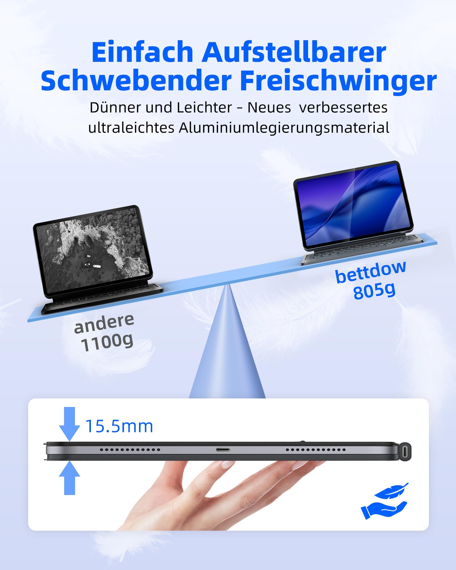 Bettdow für iPad Air 13 Zoll M4 2026/M3 2025/M2 2024/iPad Pro 12.9" 2018-2022 Tastatur Hülle, Leichte Aluminiumlegierung Schwebendes Magnetisches Design mit Trackpad, QWERTZ-Layout Tastatur, Schwarz