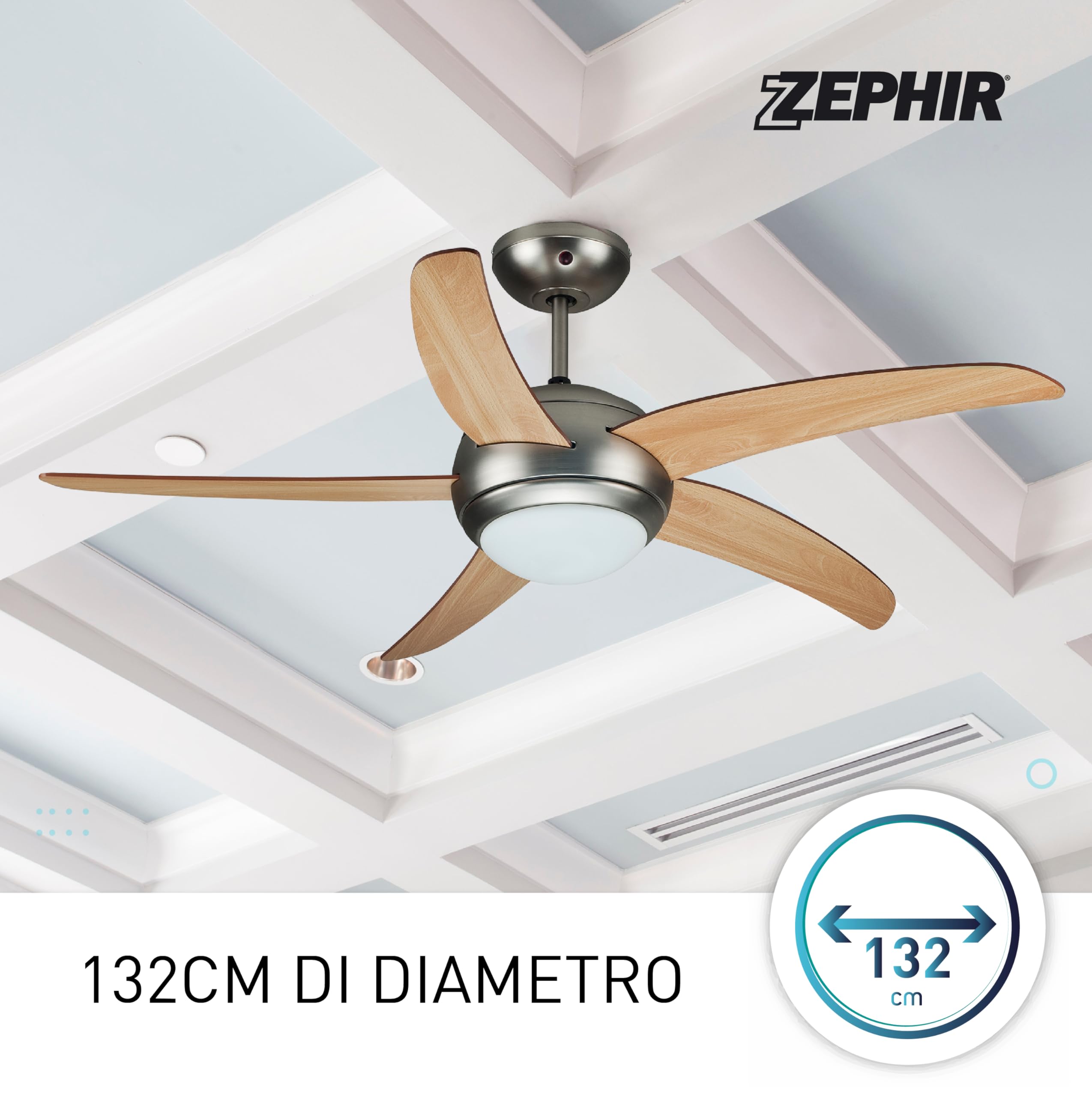 Zephir, Ventilatore da Soffitto, 5 Pale in Legno, Ventilatore con Luce, diametro 132 cm (Ricondizionato)