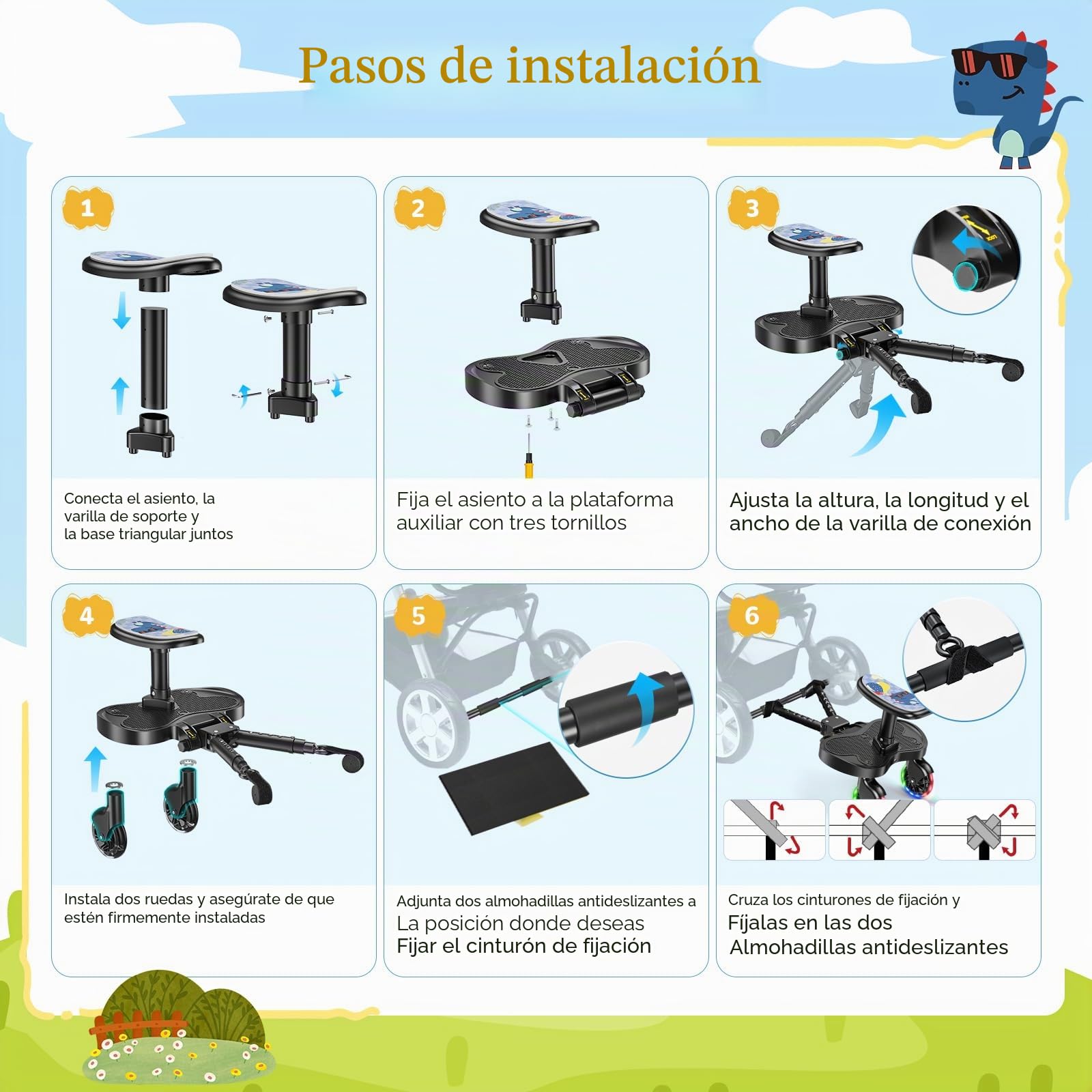 Silla de paseo con asiento, plataforma universal con ruedas LED, accesorios para niños a partir de 2 – 6 años (25 kg), accesorios para cochecito de bebé para más del 99% de los cochecitos
