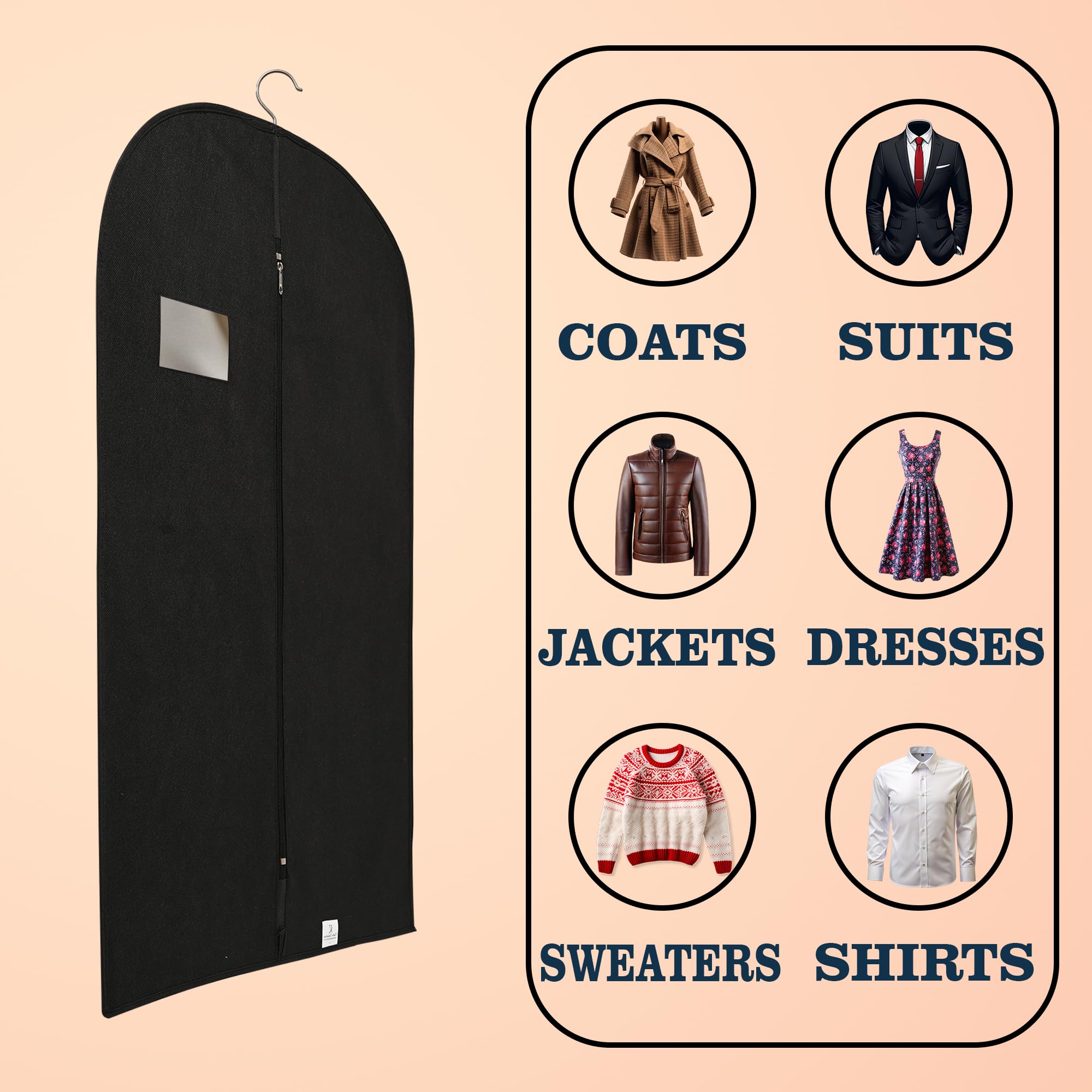 Kuber Industries Paquete de 6 fundas para blazer | Fundas de traje con cremallera para mujeres y hombres | Bolsa de abrigo a prueba de polvo para ropa, chaqueta | Cubierta lisa | Negro