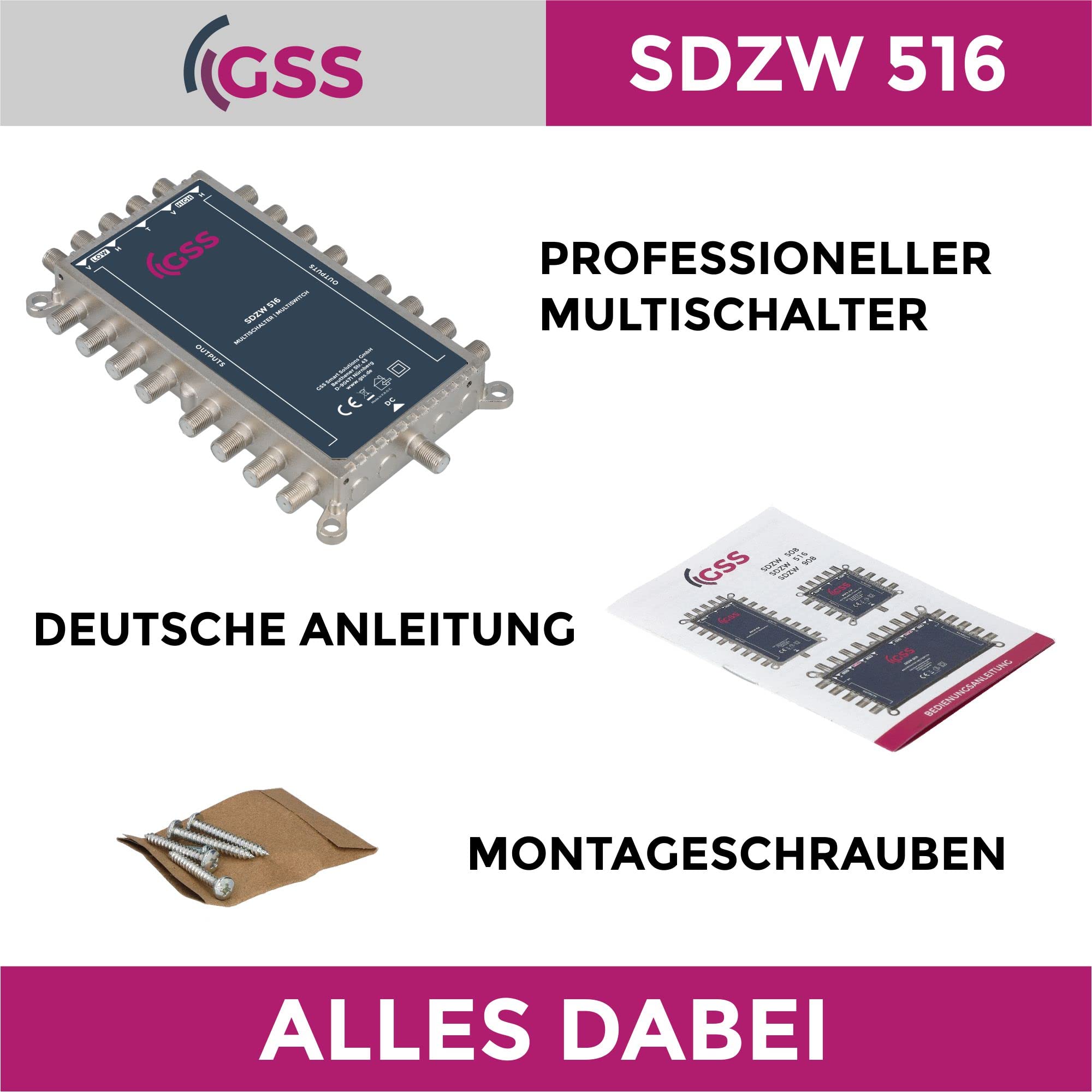 GSS Interruttore satellitare 5/16 STROMLOS per Quattro & Quad LNB, multiswitch per 1 satellite e 16 partecipanti (TV, ricevitore satellite), matrice senza corrente 4K HD distributore satellitare per