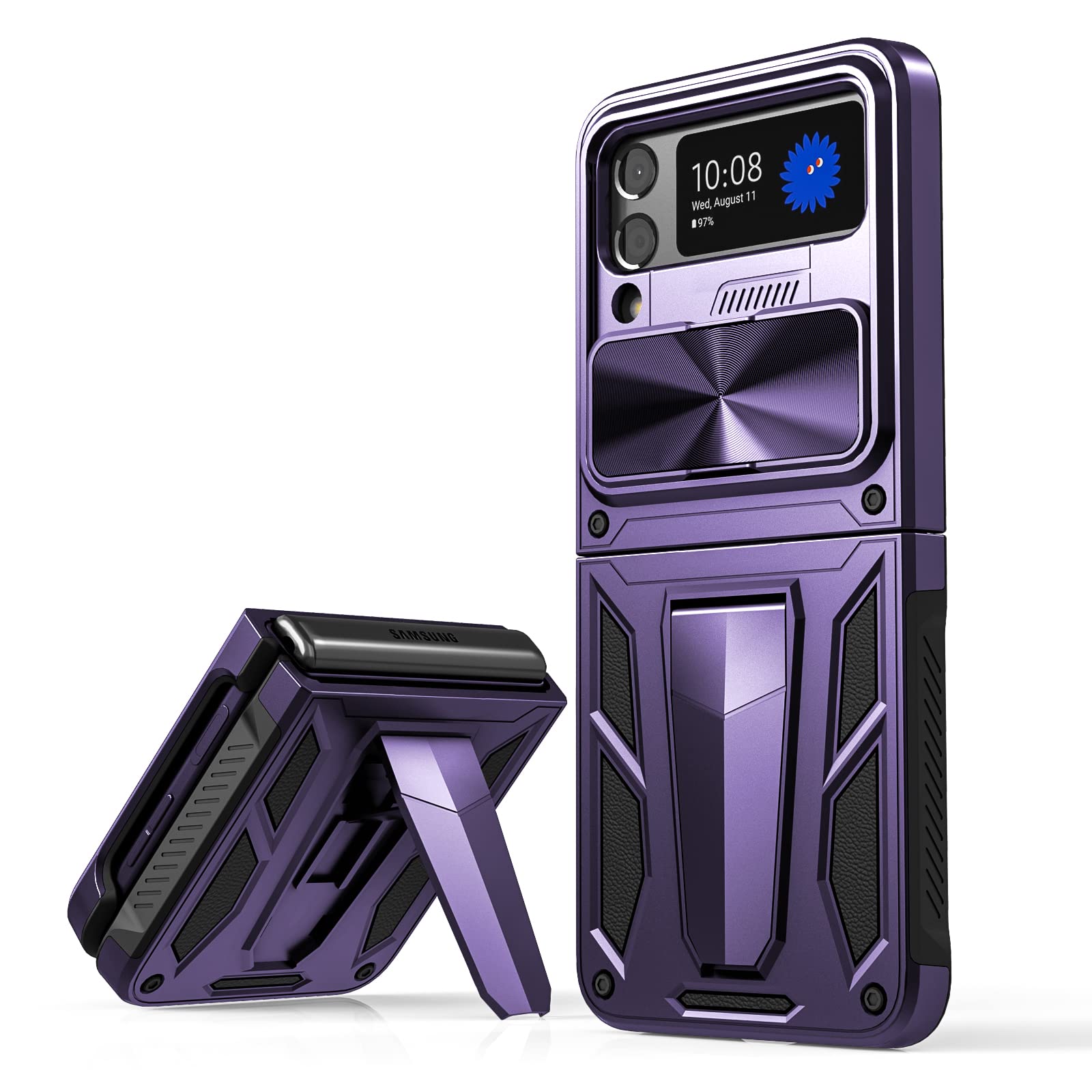 CASESTAR Military Armor Series Case for Samsung Galaxy Z Flip 4 / Z Flip 3，Build-in Kickstand & Camera Protection Sliding Cover - (Metallic Purple)